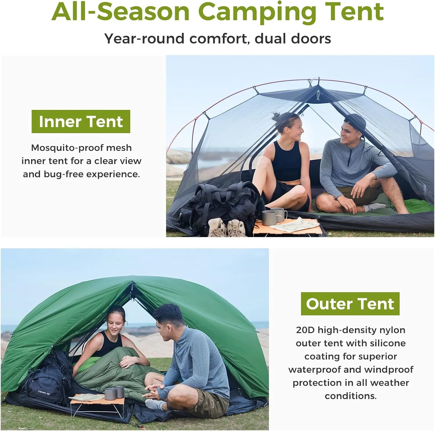 ATEPA Ultralight Backpacking Tent, 2 Person 1 Person Nylon Lightweight 4000MM  Waterproof Windproof Portable Tent with Aluminum Frame & Rainfly for Backpacking Hiking Camping Motorcycle, 4 Season