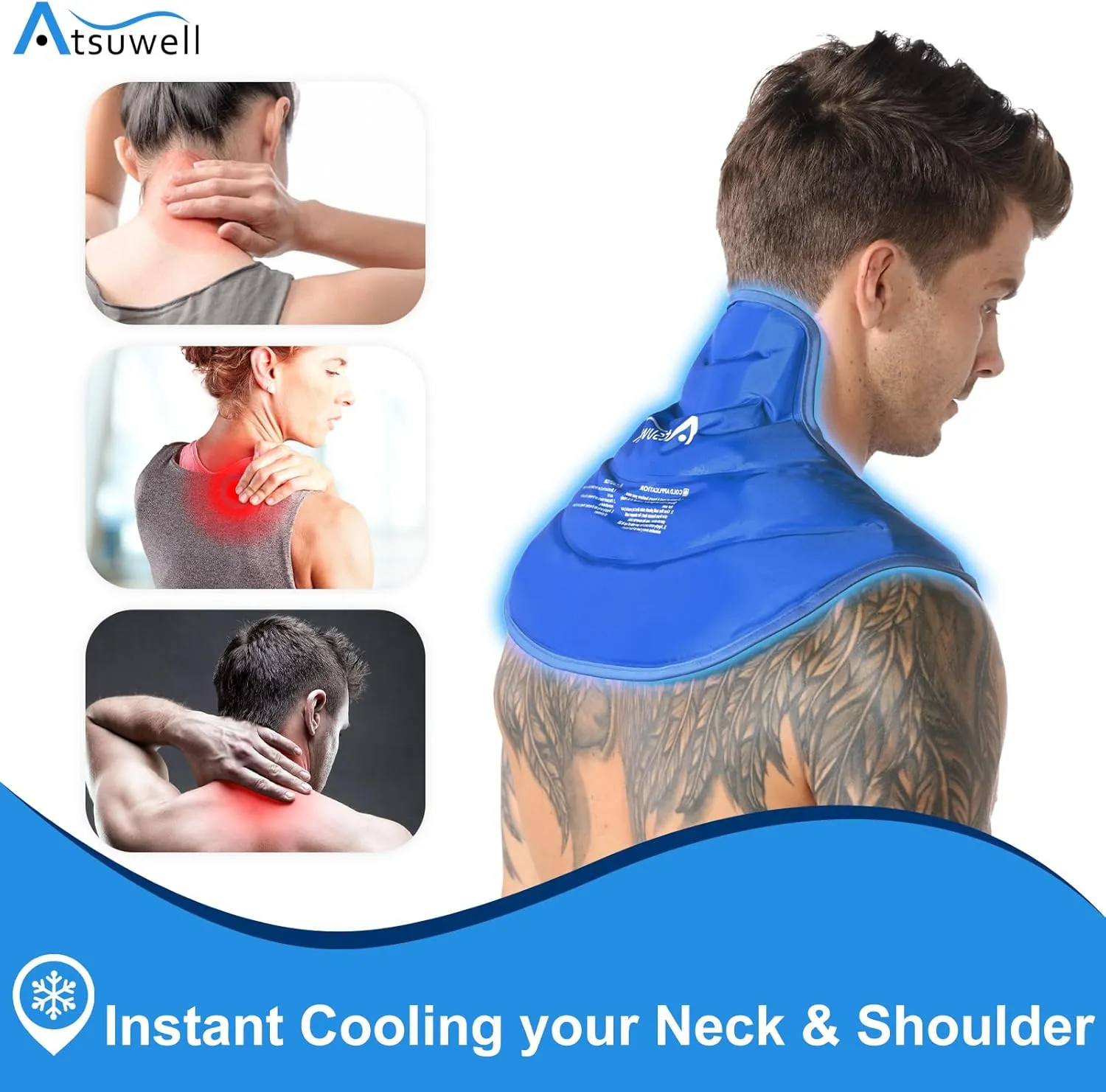 Atsuwell Ice Pack for Neck and Shoulders Cold Compression, Shoulder Ice Packs Reusable Gel Pack, Large Upper Back Cold Pack Wrap for Neck, Shoulder, Hip, Blue