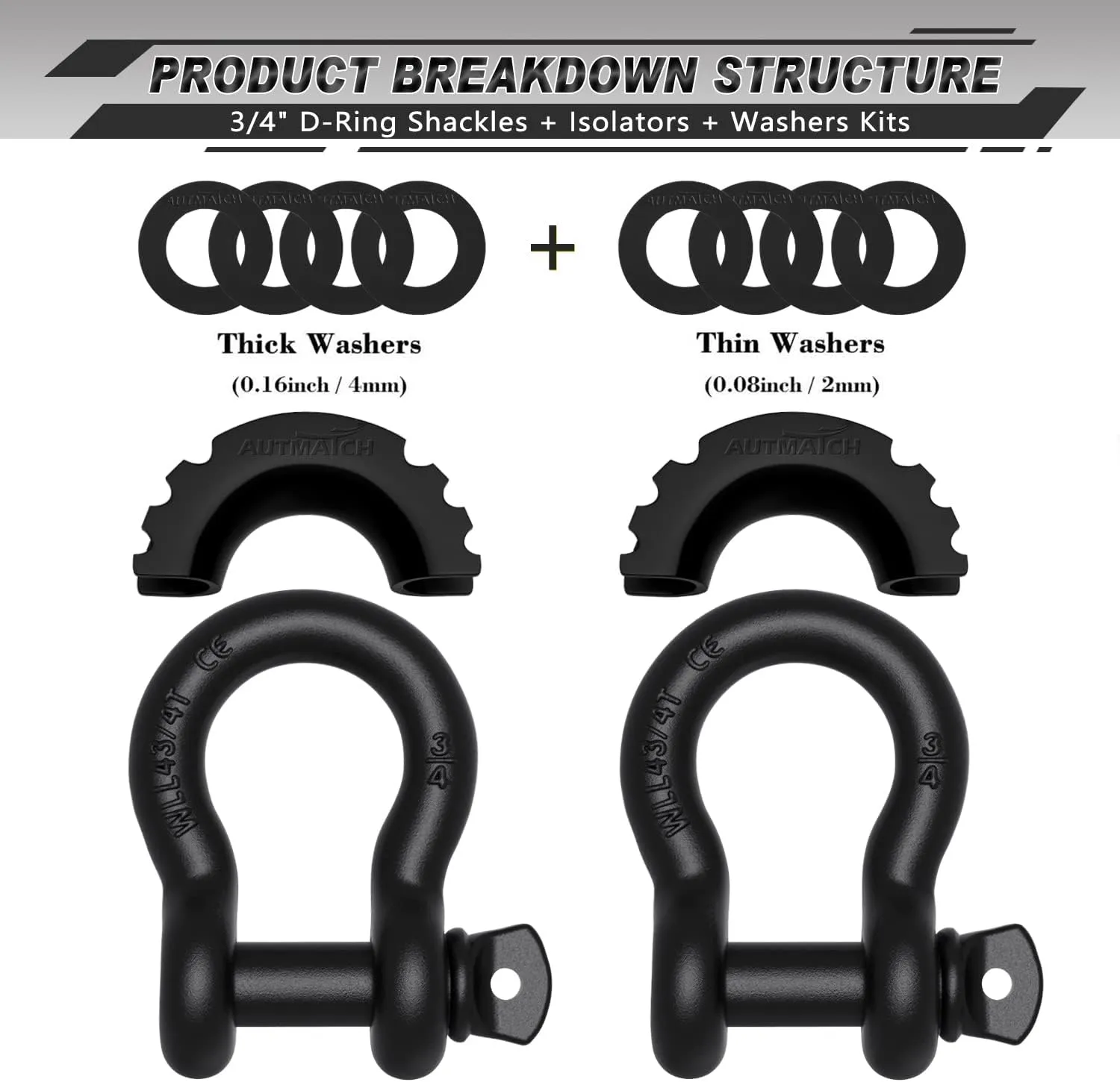 AUTMATCH D Ring Shackle 3/4" Shackles (2 Pack) 41,887Ibs Break Strength, Clevis Shackle with 7/8" Screw Pin and Shackle Isolator Washer Kit for Tow Strap Winch Off Road Vehicle Recovery, Frosted Black