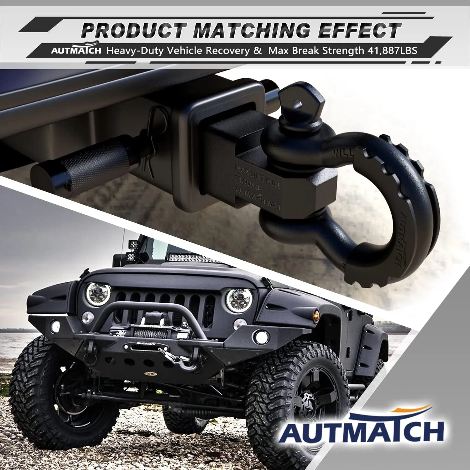AUTMATCH D Ring Shackle 3/4" Shackles (2 Pack) 41,887Ibs Break Strength, Clevis Shackle with 7/8" Screw Pin and Shackle Isolator Washer Kit for Tow Strap Winch Off Road Vehicle Recovery, Frosted Black
