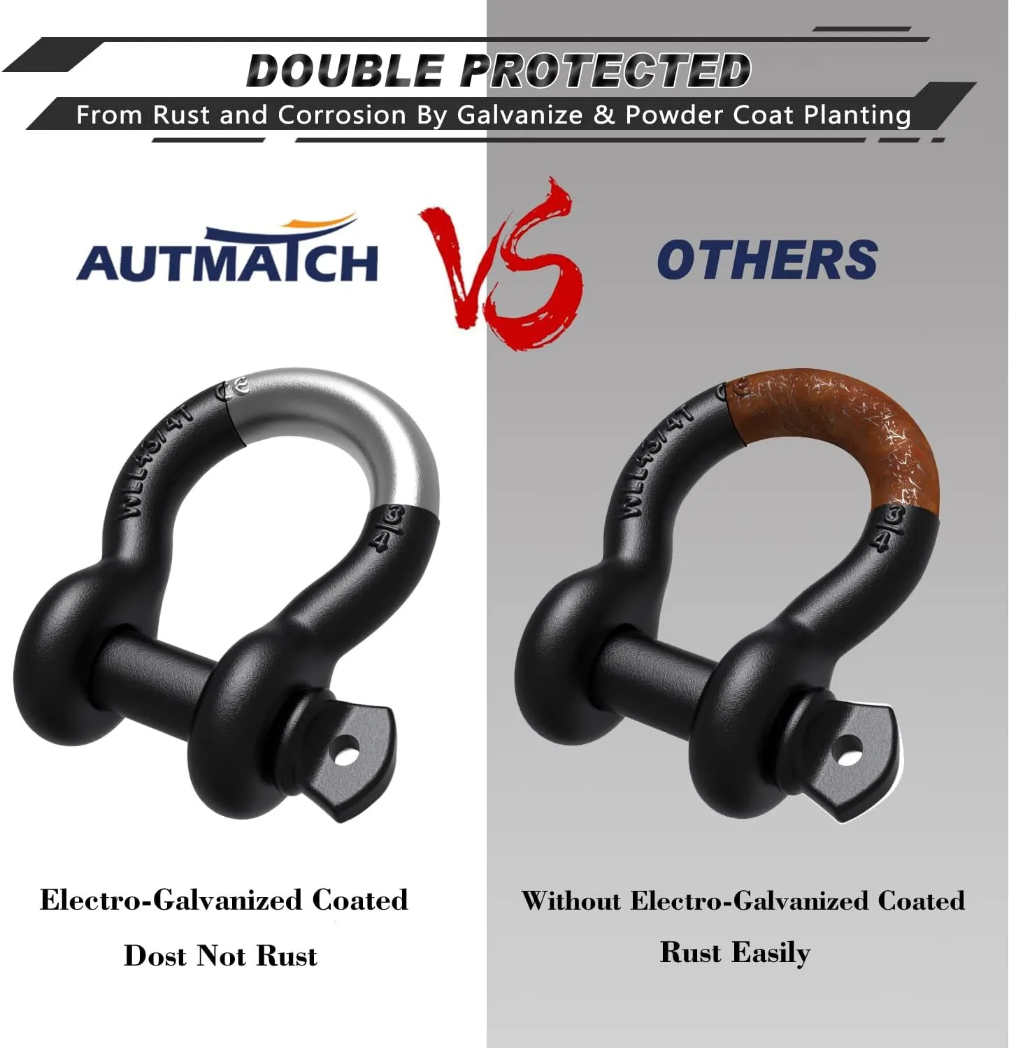 AUTMATCH D Ring Shackle 3/4" Shackles (2 Pack) 41,887Ibs Break Strength, Clevis Shackle with 7/8" Screw Pin and Shackle Isolator Washer Kit for Tow Strap Winch Off Road Vehicle Recovery, Frosted Black
