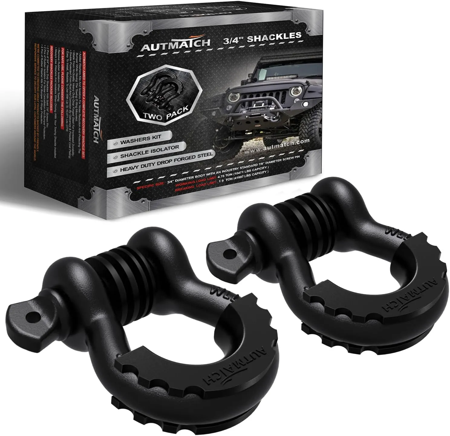 AUTMATCH D Ring Shackle 3/4" Shackles (2 Pack) 41,887Ibs Break Strength, Clevis Shackle with 7/8" Screw Pin and Shackle Isolator Washer Kit for Tow Strap Winch Off Road Vehicle Recovery, Frosted Black