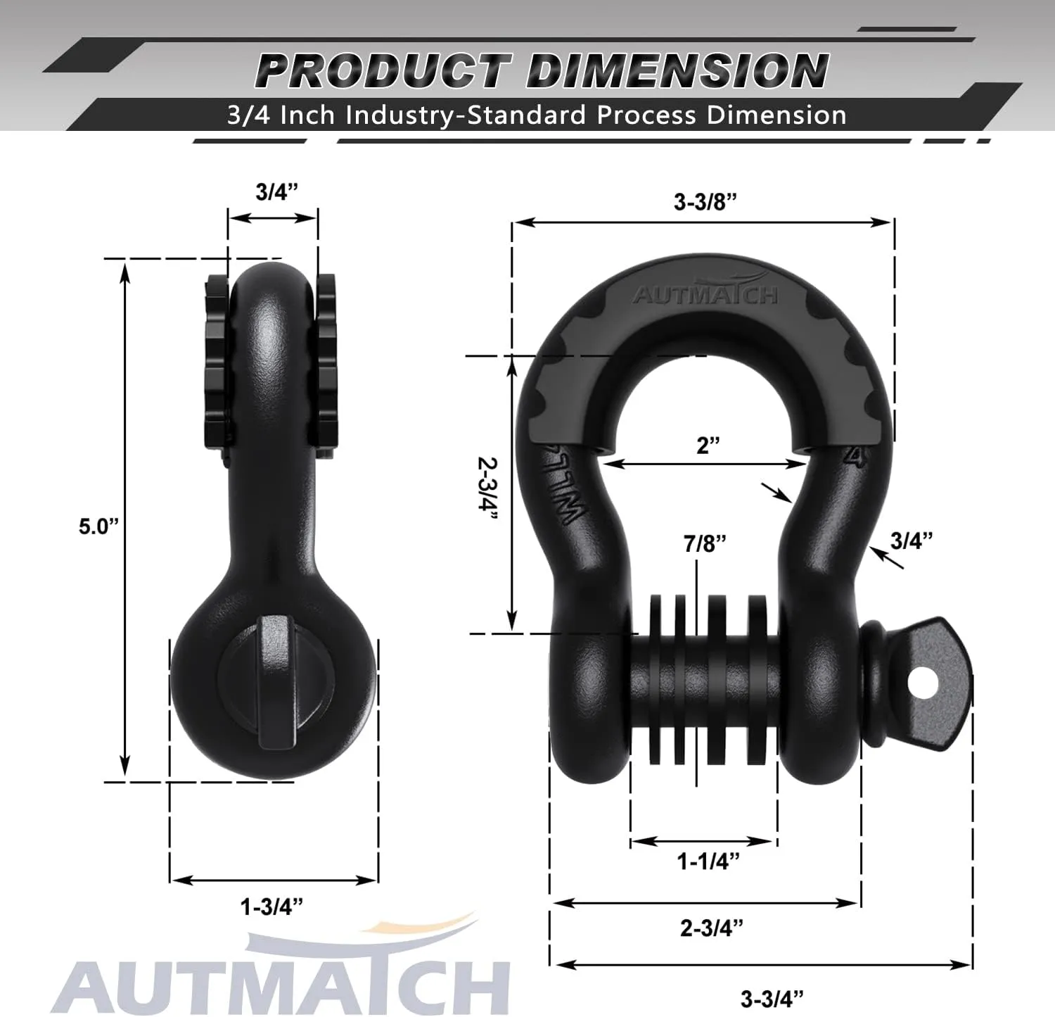 AUTMATCH D Ring Shackle 3/4" Shackles (2 Pack) 41,887Ibs Break Strength, Clevis Shackle with 7/8" Screw Pin and Shackle Isolator Washer Kit for Tow Strap Winch Off Road Vehicle Recovery, Frosted Black