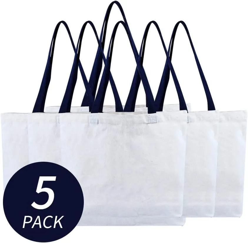 Azuca Large Canvas Bag Grocery Tote Beach Shopping 12 oz Multi Purpose Washable - 20.5 x 14.5 x4.5 inch, 5 Pack