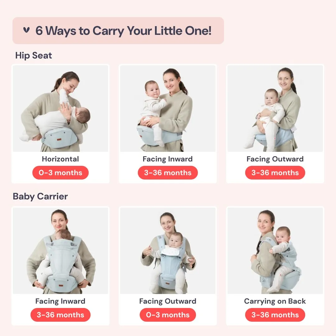 BabbleRoo 6-in-1 Baby Carrier with Hip Seat, Ergonomic, Cozy & Adjustable Toddler Carrier 7-50 lbs with Hip & Lumbar Support, Hood for Sun Protection, Baby Carrier Newborn to Toddler, Seafoam