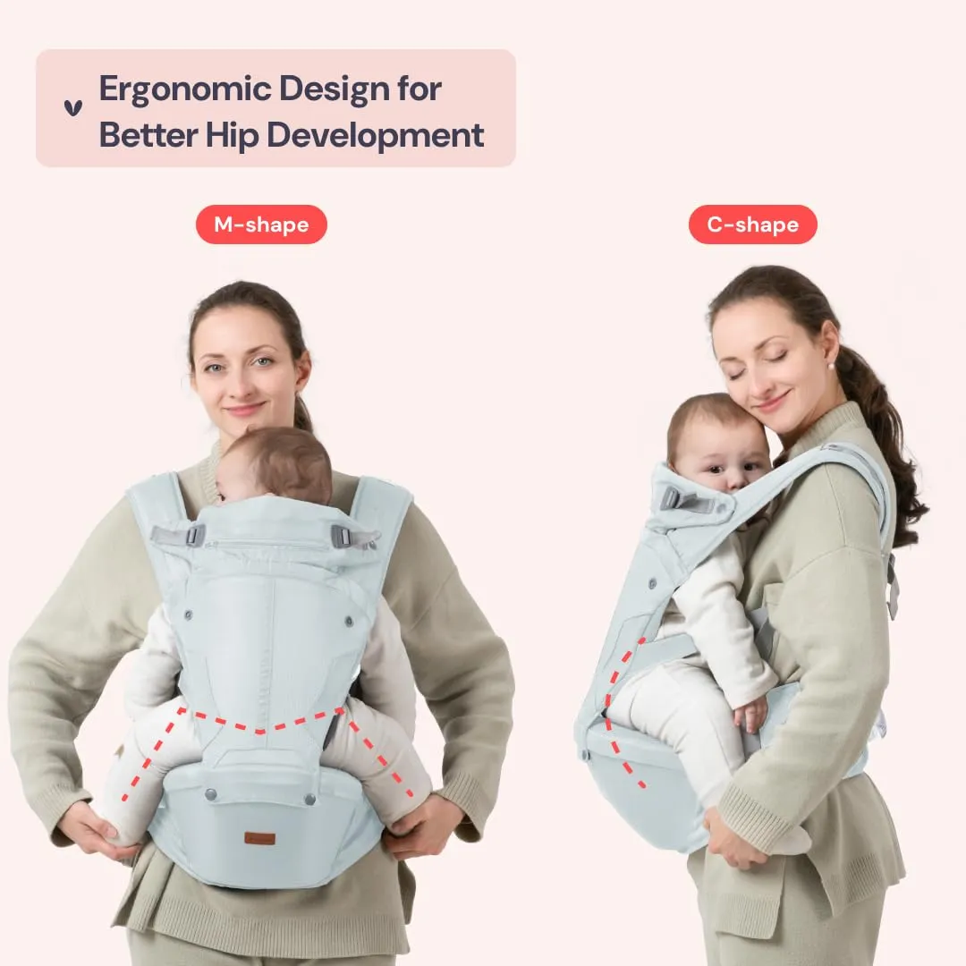 BabbleRoo 6-in-1 Baby Carrier with Hip Seat, Ergonomic, Cozy & Adjustable Toddler Carrier 7-50 lbs with Hip & Lumbar Support, Hood for Sun Protection, Baby Carrier Newborn to Toddler, Seafoam