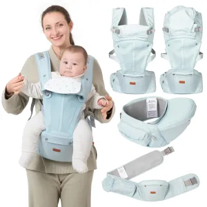BabbleRoo 6-in-1 Baby Carrier with Hip Seat, Ergonomic, Cozy & Adjustable Toddler Carrier 7-50 lbs with Hip & Lumbar Support, Hood for Sun Protection, Baby Carrier Newborn to Toddler, Seafoam