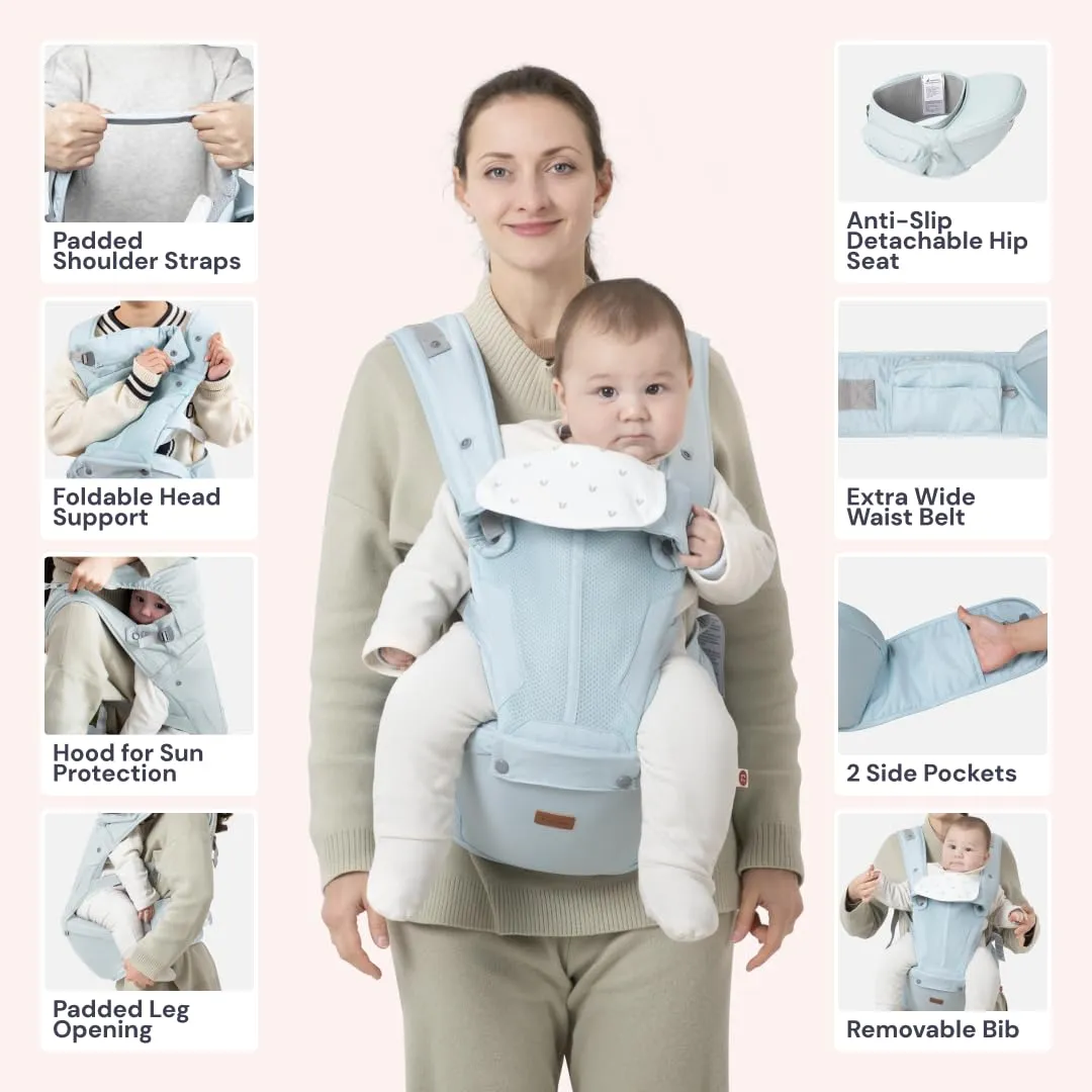 BabbleRoo 6-in-1 Baby Carrier with Hip Seat, Ergonomic, Cozy & Adjustable Toddler Carrier 7-50 lbs with Hip & Lumbar Support, Hood for Sun Protection, Baby Carrier Newborn to Toddler, Seafoam
