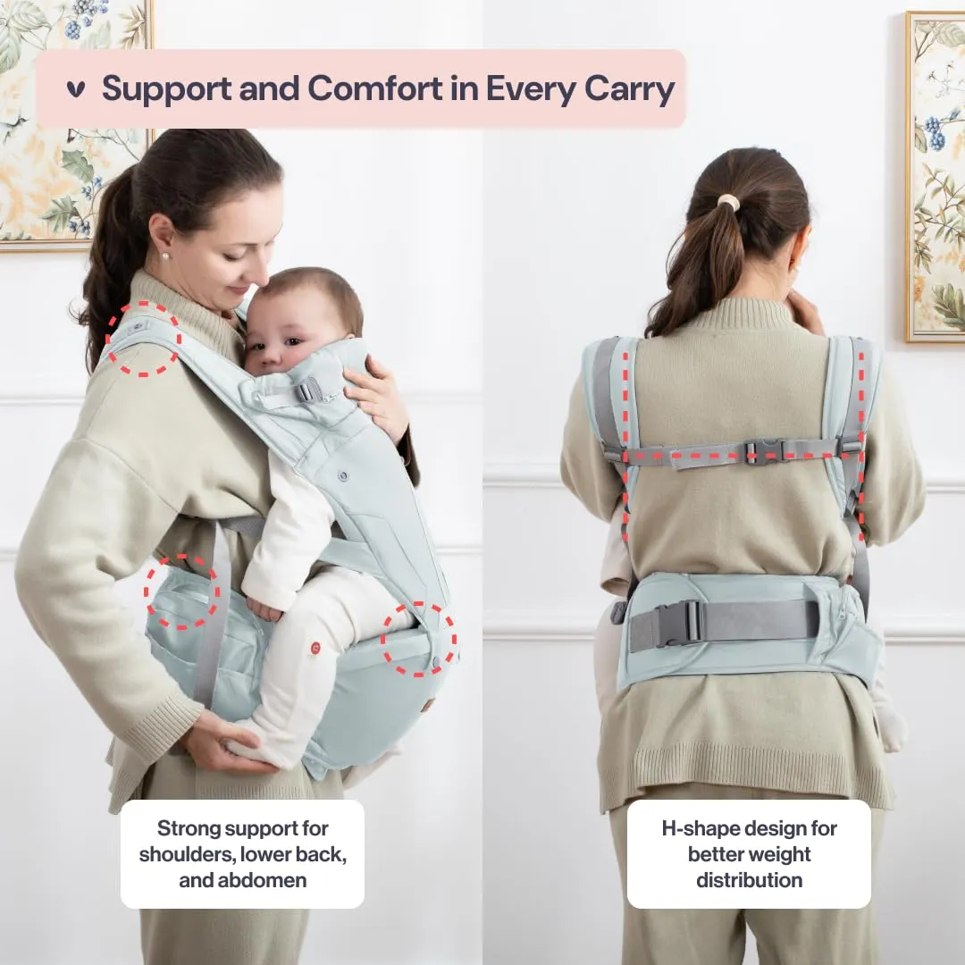BabbleRoo 6-in-1 Baby Carrier with Hip Seat, Ergonomic, Cozy & Adjustable Toddler Carrier 7-50 lbs with Hip & Lumbar Support, Hood for Sun Protection, Baby Carrier Newborn to Toddler, Seafoam