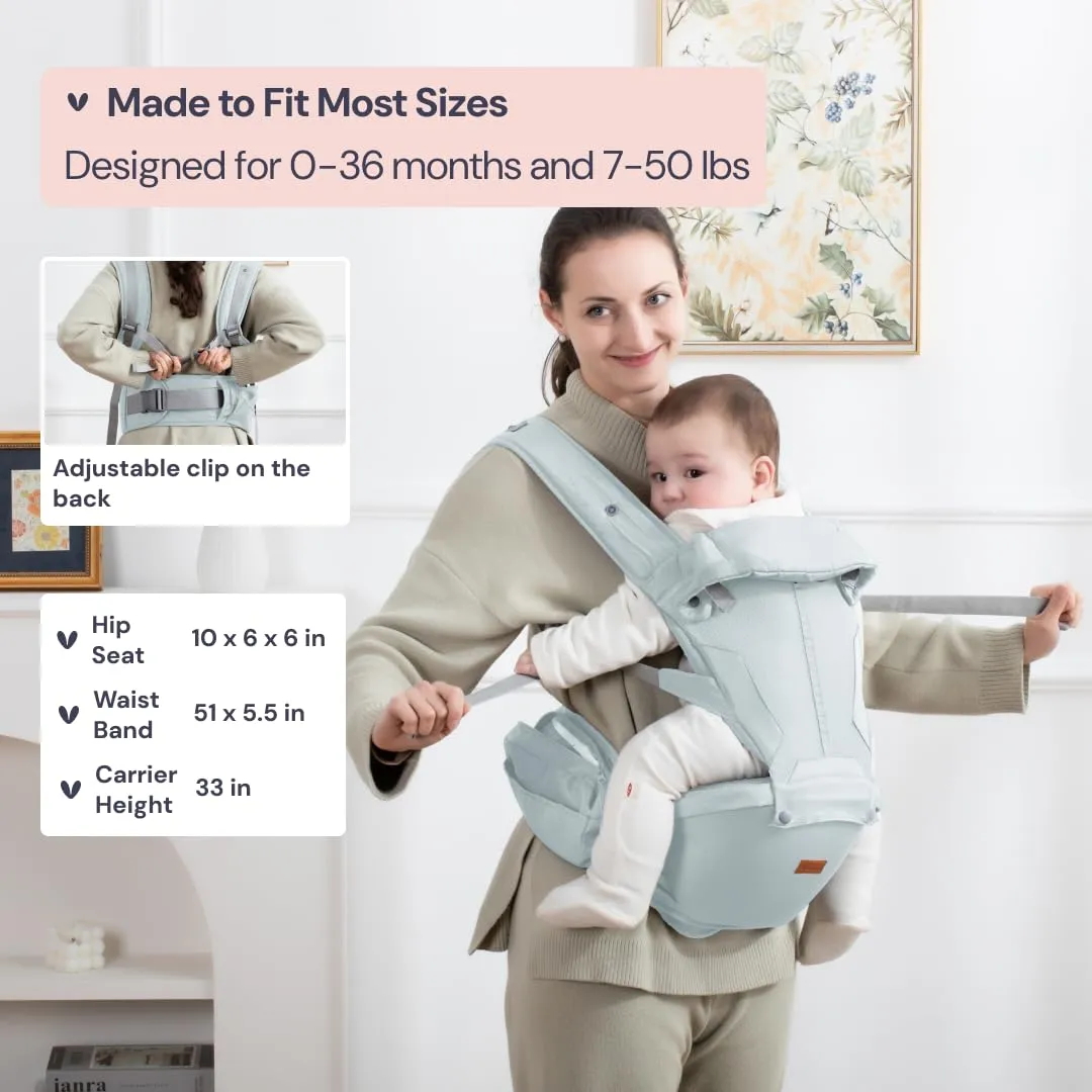 BabbleRoo 6-in-1 Baby Carrier with Hip Seat, Ergonomic, Cozy & Adjustable Toddler Carrier 7-50 lbs with Hip & Lumbar Support, Hood for Sun Protection, Baby Carrier Newborn to Toddler, Seafoam