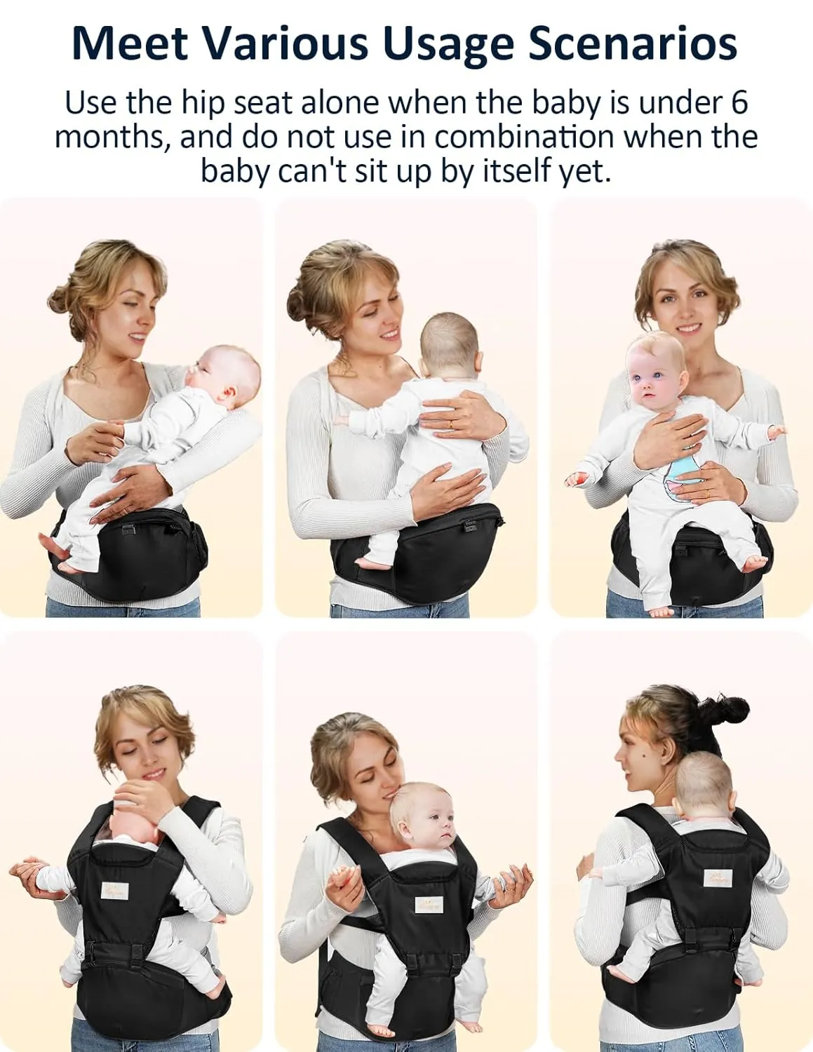 Baby Carrier, 6-in-1 Newborn to Toddler, Front and Back Carrier With Hip Seat, Adjustable One Size Fits All, Black