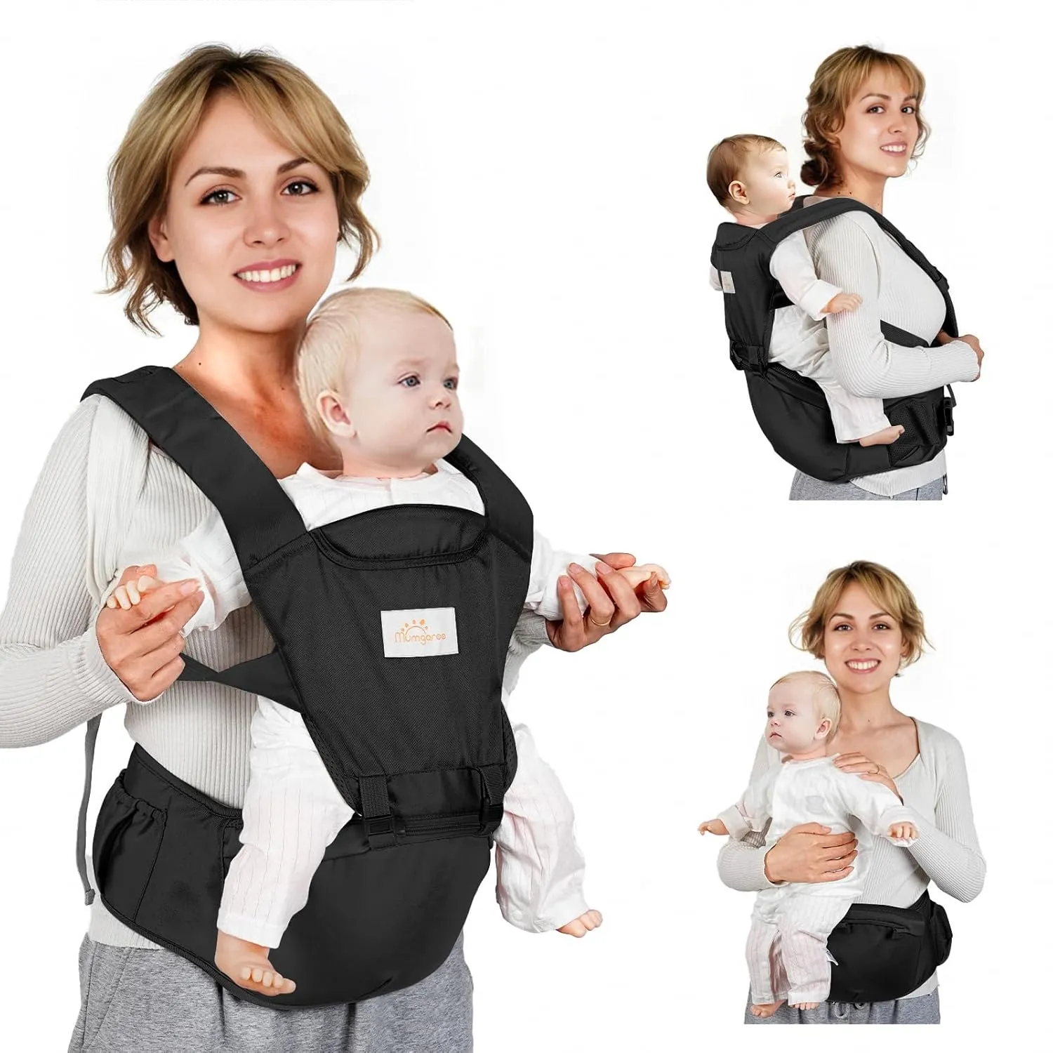 Baby Carrier, 6-in-1 Newborn to Toddler, Front and Back Carrier With Hip Seat, Adjustable One Size Fits All, Black