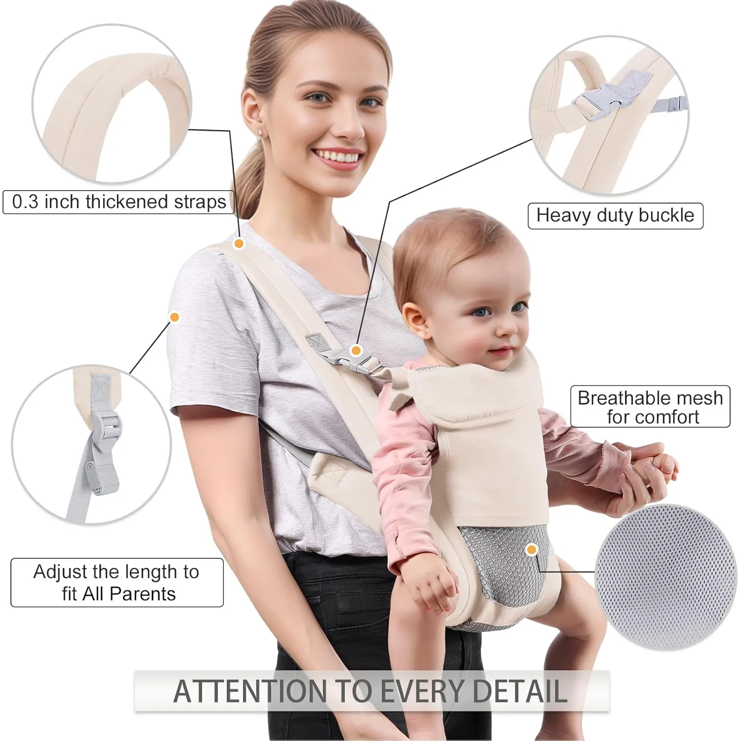 Baby Carrier Newborn to Toddler(7-30lbs), Toddler Carrier with Adjustable Shoulder Strap, Baby Holder Carrier with Breathable Mesh Fabric, Beige
