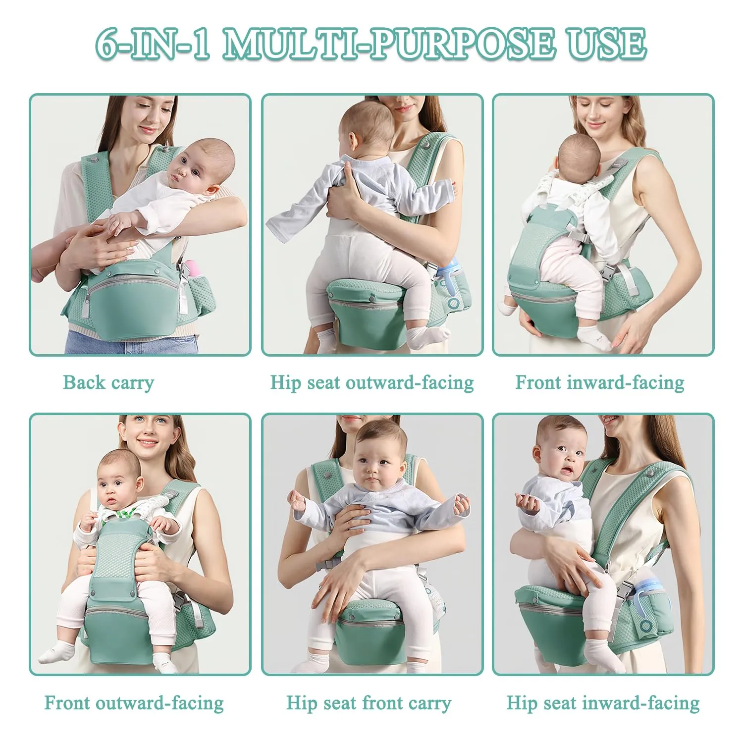 Baby Carrier with Hip Seat for Newborn to Toddler, 6-in-1 Ergonomic Infant Carrier for 0-36 Month Baby, All Positions Soft Breathable Mesh Wrap Carrier with Waist Stool, Easily Adjustable Baby Holder