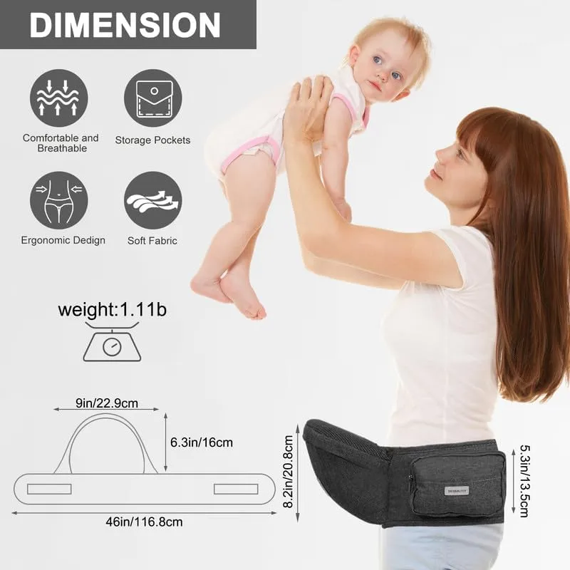 Baby Hip Carrier, Hip Seat Baby Carrierwith Adjustable Waistband, Ergonomic No-Slipped Seat, Breathable Materials for Newborns to Toddlers（Black