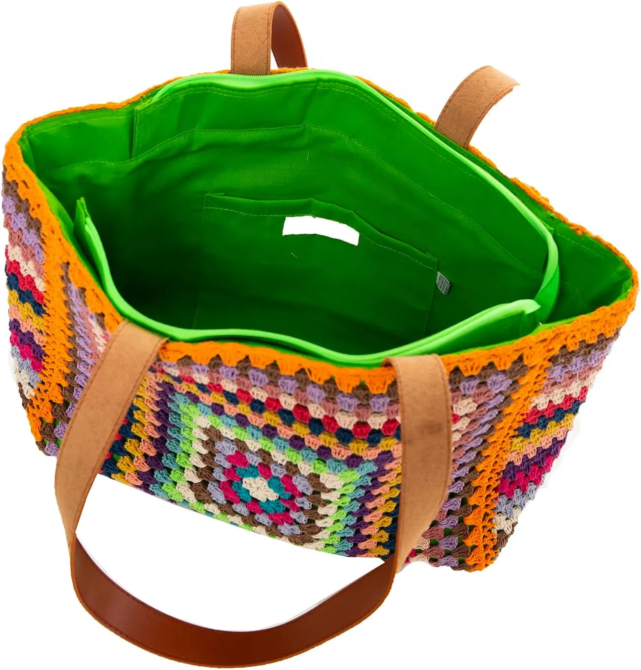 Back From Bali Womens 100% Cotton Hand Crochet Large Tote Bag Fully Lined Zipper Closure Colorful Handbag