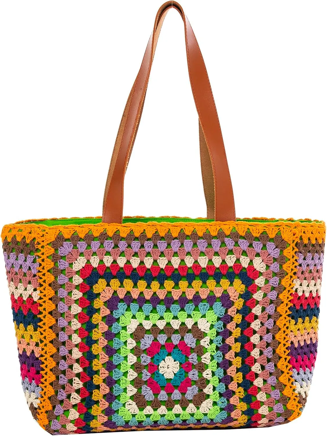 Back From Bali Womens 100% Cotton Hand Crochet Large Tote Bag Fully Lined Zipper Closure Colorful Handbag