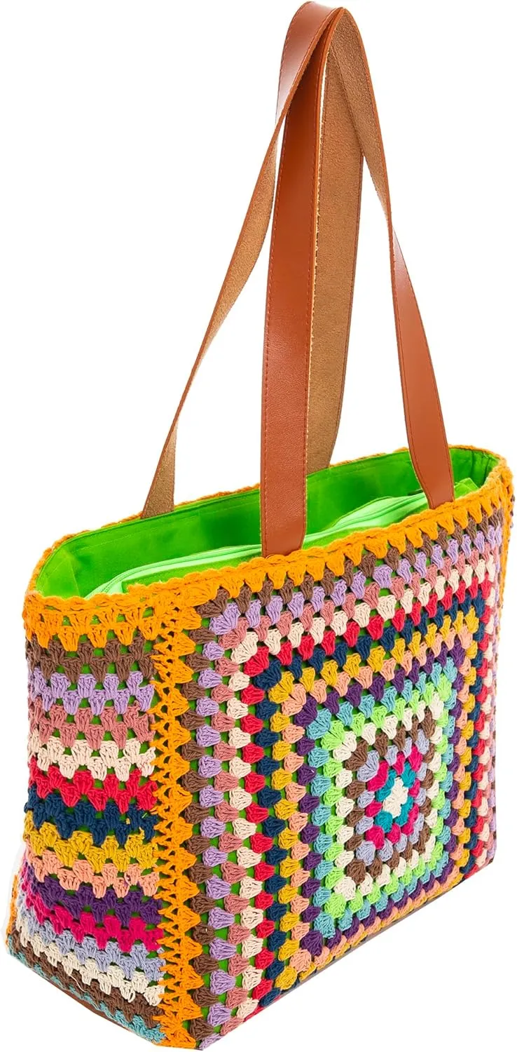 Back From Bali Womens 100% Cotton Hand Crochet Large Tote Bag Fully Lined Zipper Closure Colorful Handbag