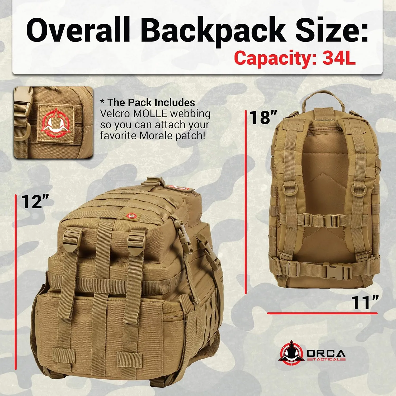Backpack - 34L Molle Backpack - Military Army Style 1 to 2 Day Assault Pack Rucksack Survival Bag