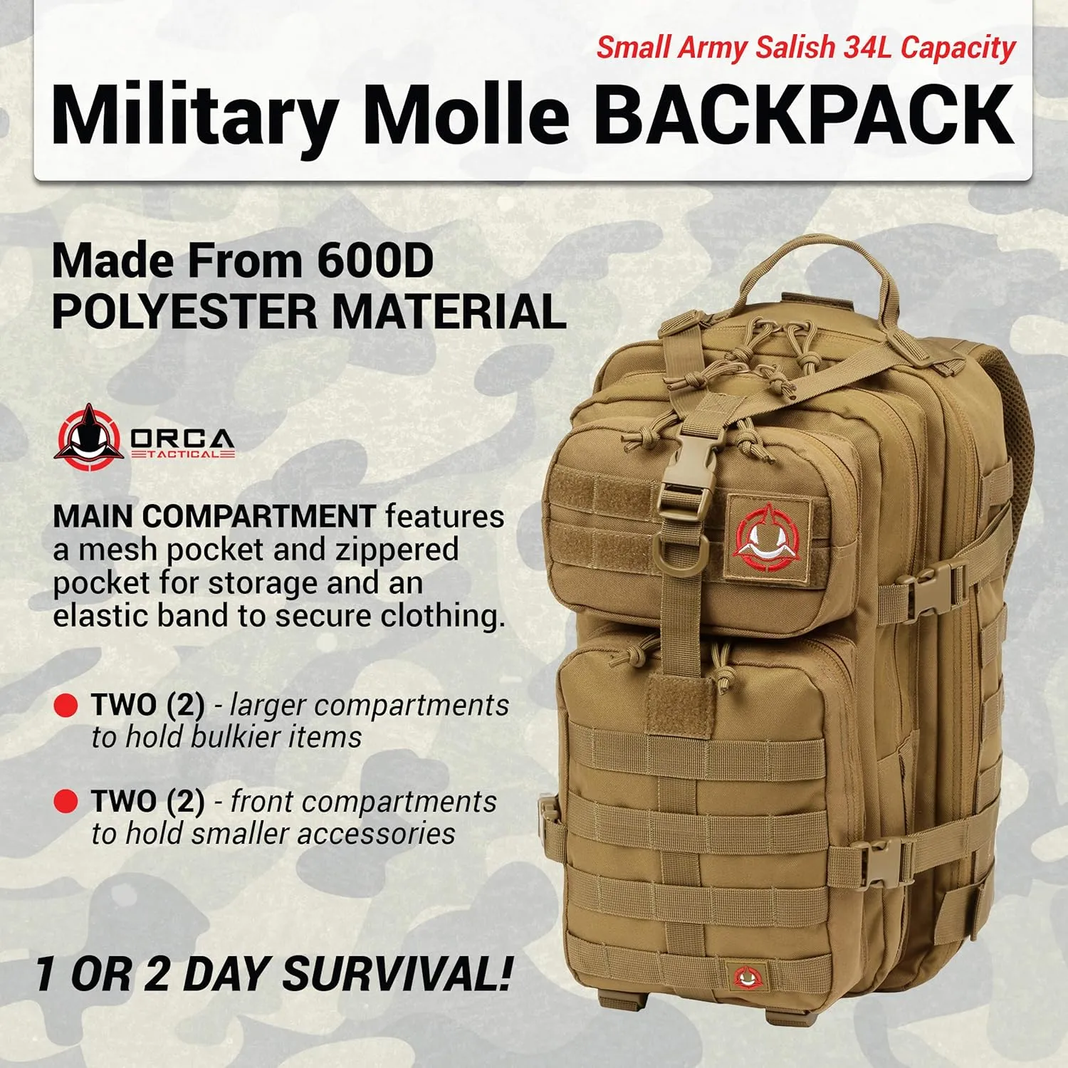 Backpack - 34L Molle Backpack - Military Army Style 1 to 2 Day Assault Pack Rucksack Survival Bag