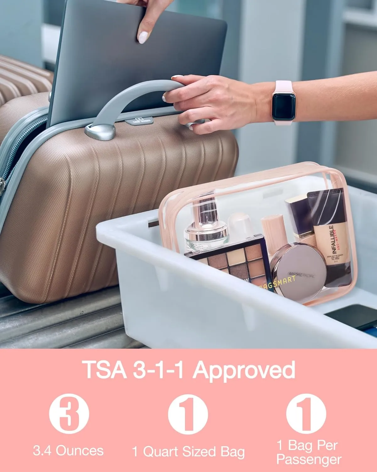BAGSMART Clear Toiletry Bag, 3 Packs TSA Approved Water Resistant Quart Size Travel Organizer, Airport Airline Travel Essential Carry On Makeup Cosmetic Bags for Women, Nude Pink