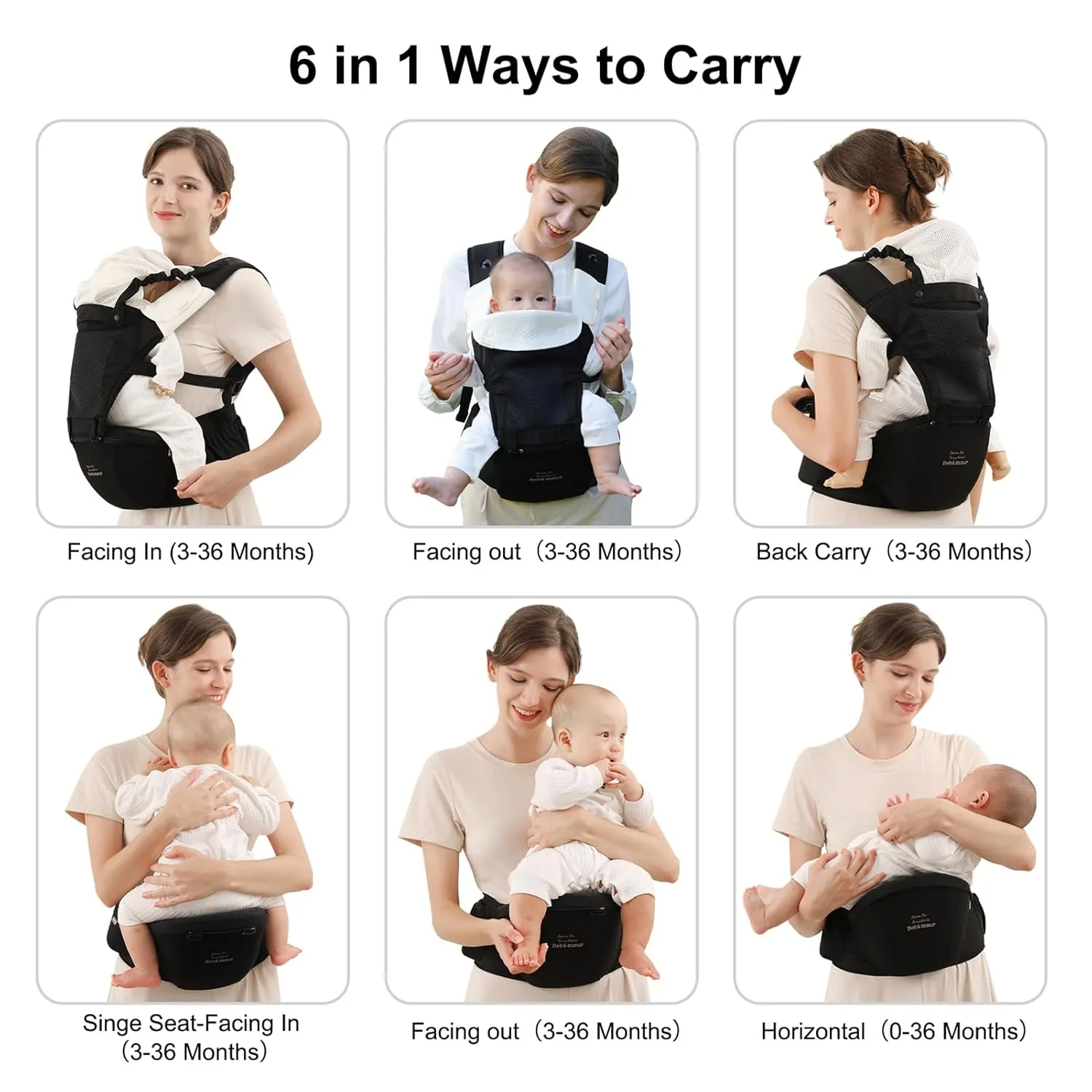 Bebamour Baby Carrier with Hip Seat,All-Position Breathable Mesh Hip Seat & Carrier 0-36Months with Head Hood, 3 PCS Teething Pads, Waist Extender,Storage Bag & Pacifier Case(Black)