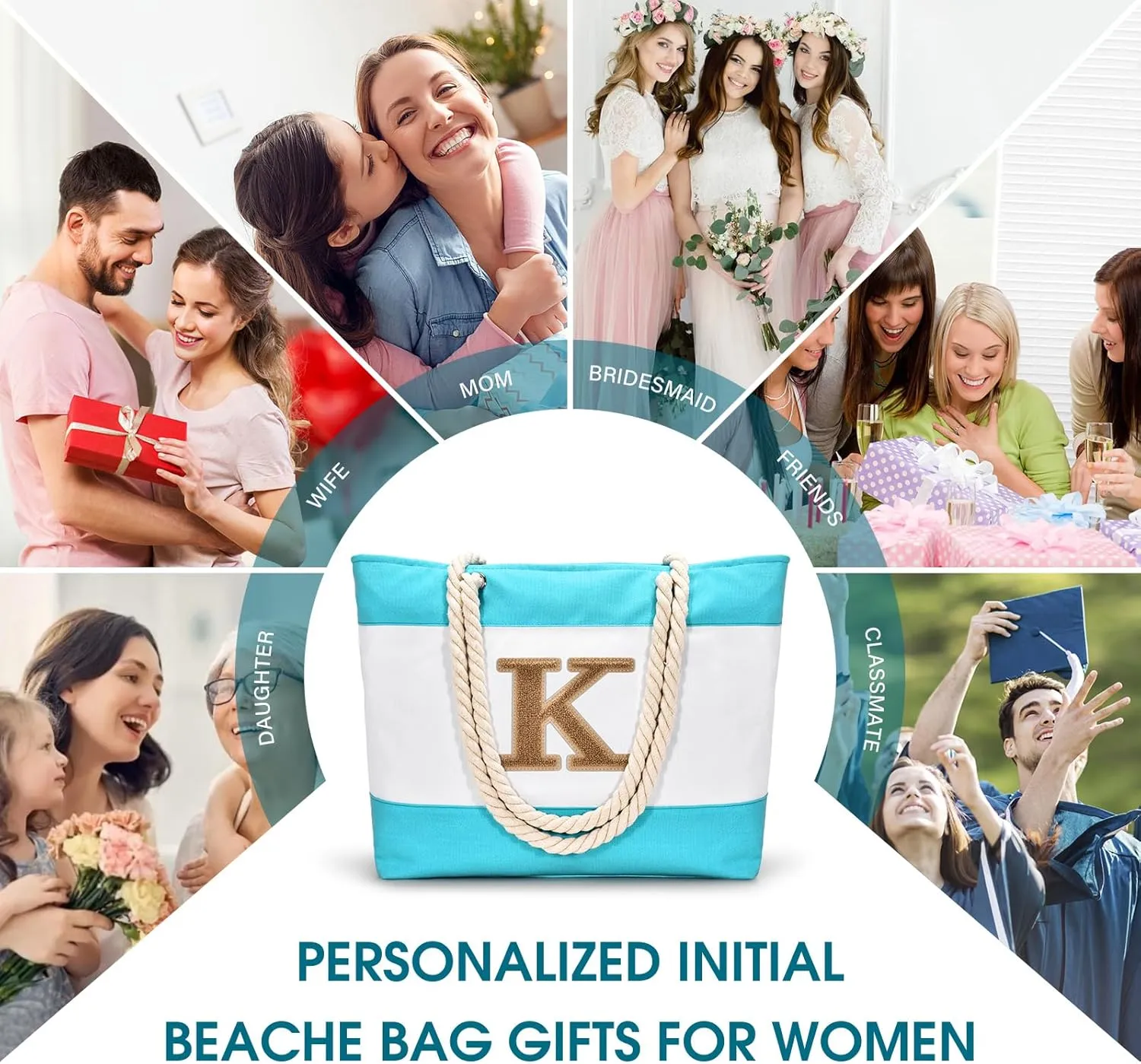 Becokan Initial Beach Bag Waterproof Canvas Beach Tote Bag Zipper Personalized Gifts for Women Her Birthday Travel Essentials