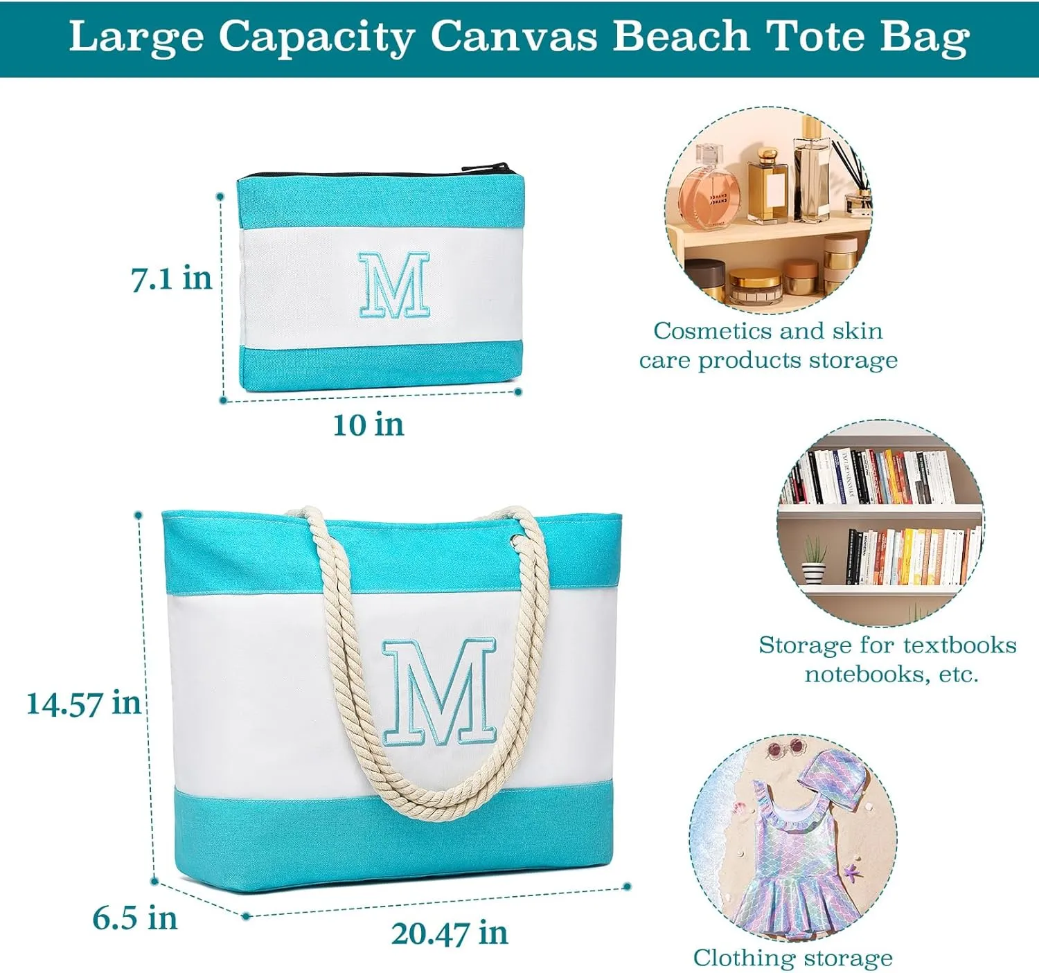 Becokan Initial Beach Bag Waterproof Canvas Beach Tote Bag Zipper Personalized Gifts for Women Her Birthday Travel Essentials