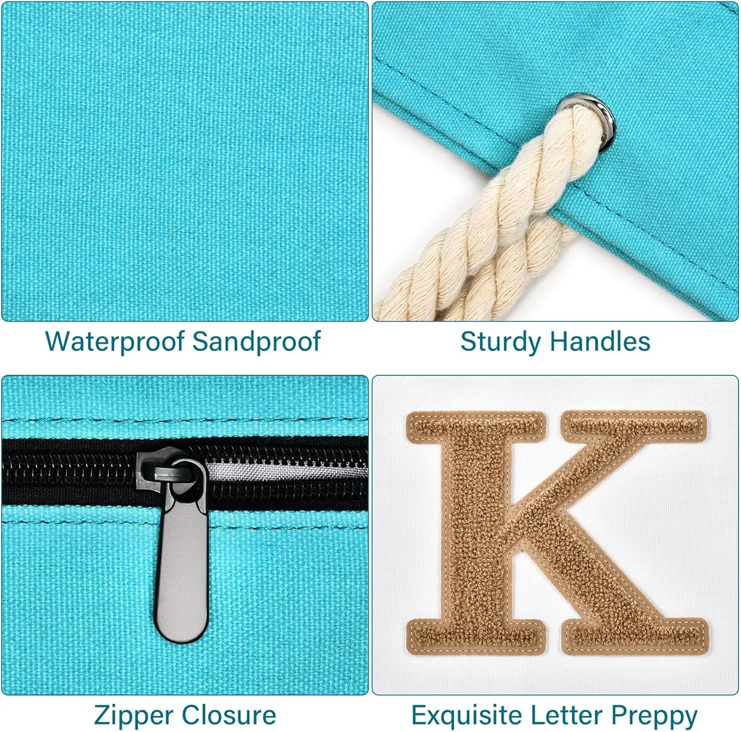 Becokan Initial Beach Bag Waterproof Canvas Beach Tote Bag Zipper Personalized Gifts for Women Her Birthday Travel Essentials