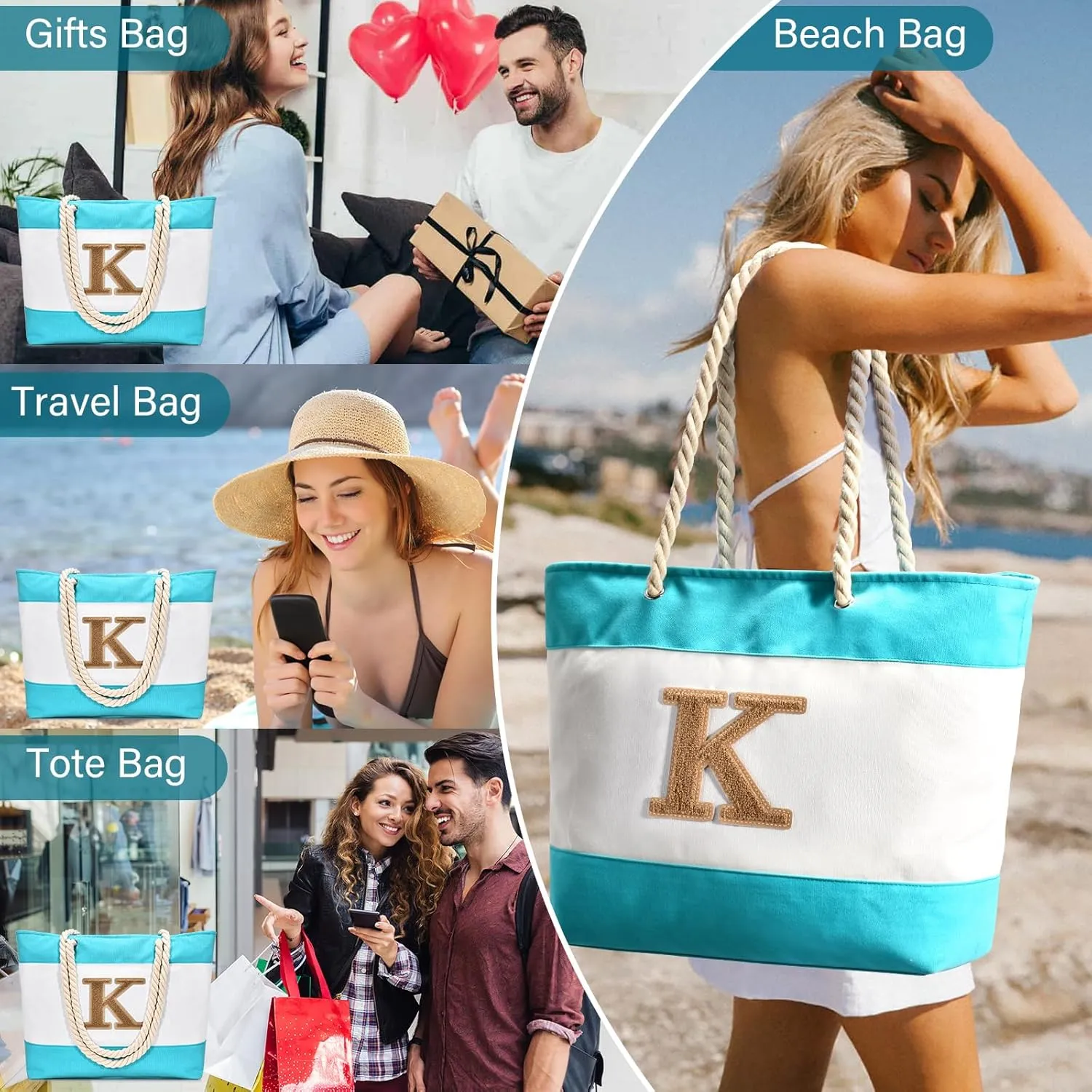Becokan Initial Beach Bag Waterproof Canvas Beach Tote Bag Zipper Personalized Gifts for Women Her Birthday Travel Essentials