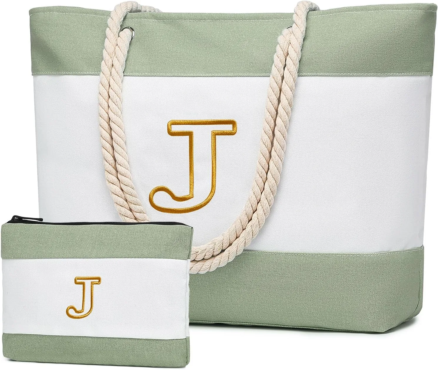 Becokan Initial Beach Bag Waterproof Canvas Beach Tote Bag Zipper Personalized Gifts for Women Her Birthday Travel Essentials