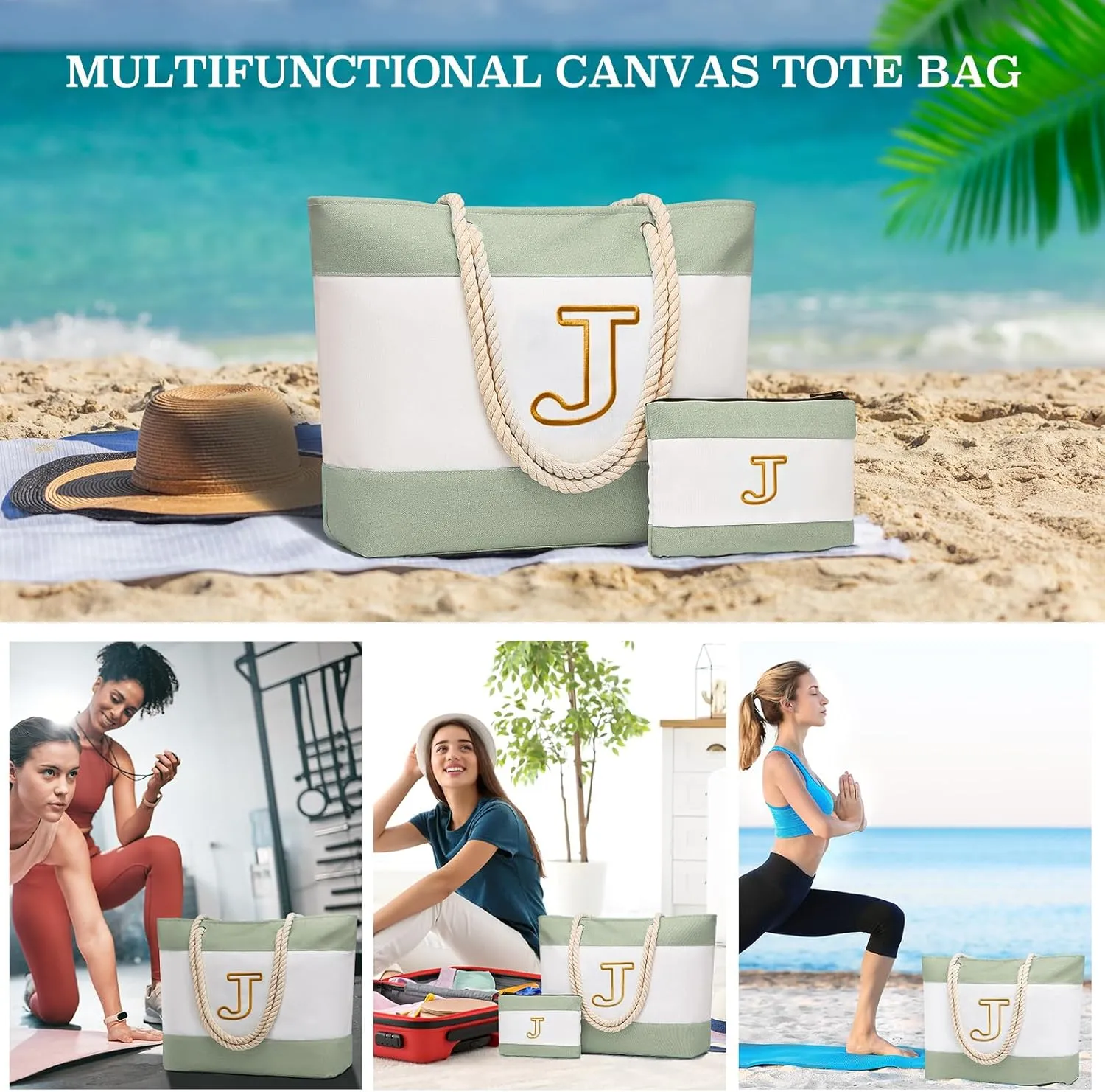 Becokan Initial Beach Bag Waterproof Canvas Beach Tote Bag Zipper Personalized Gifts for Women Her Birthday Travel Essentials