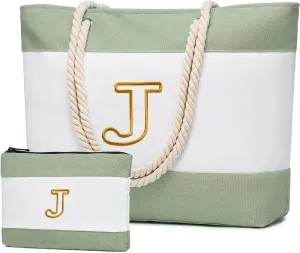 Becokan Initial Beach Bag Waterproof Canvas Beach Tote Bag Zipper Personalized Gifts for Women Her Birthday Travel Essentials