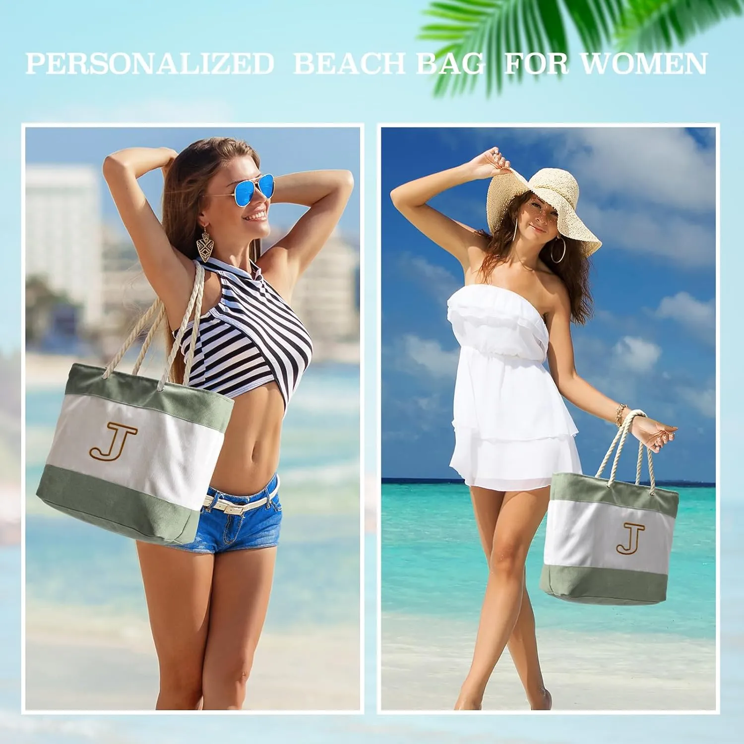 Becokan Initial Beach Bag Waterproof Canvas Beach Tote Bag Zipper Personalized Gifts for Women Her Birthday Travel Essentials