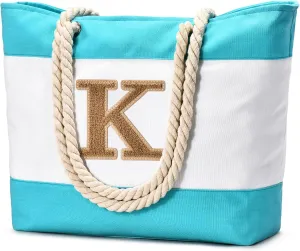 Becokan Initial Beach Bag Waterproof Canvas Beach Tote Bag Zipper Personalized Gifts for Women Her Birthday Travel Essentials