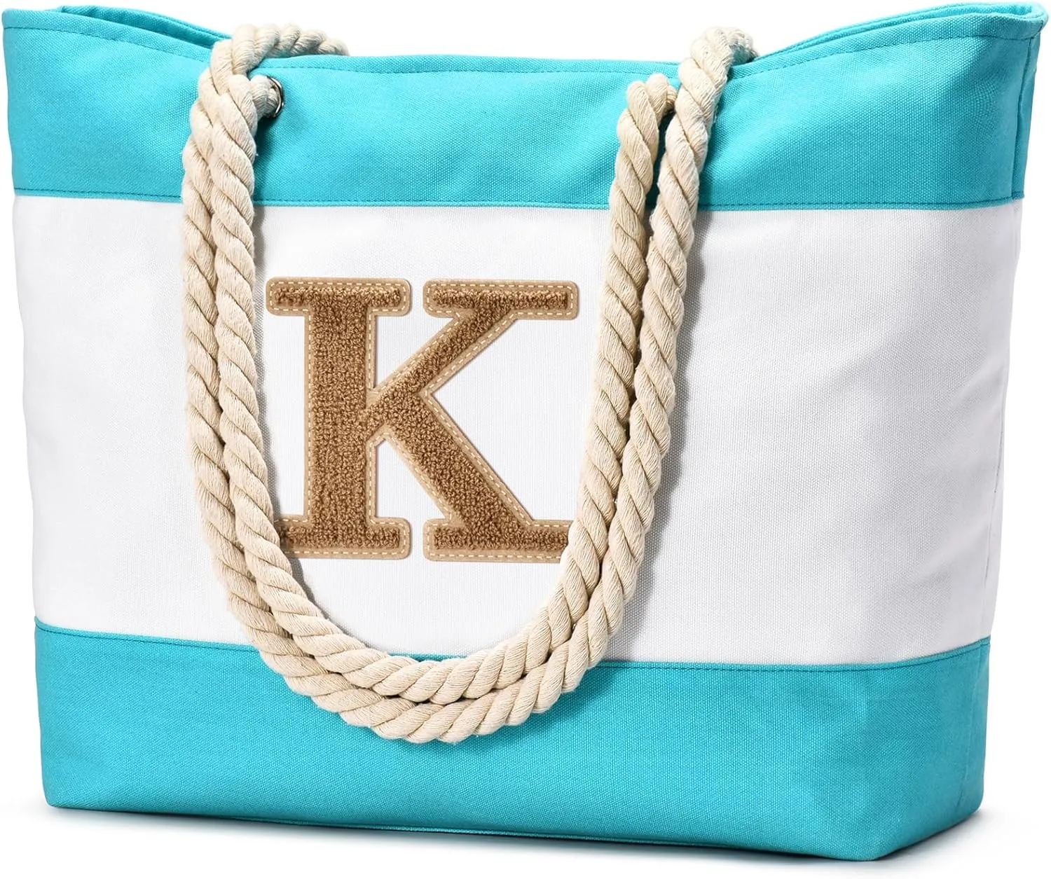 Becokan Initial Beach Bag Waterproof Canvas Beach Tote Bag Zipper Personalized Gifts for Women Her Birthday Travel Essentials