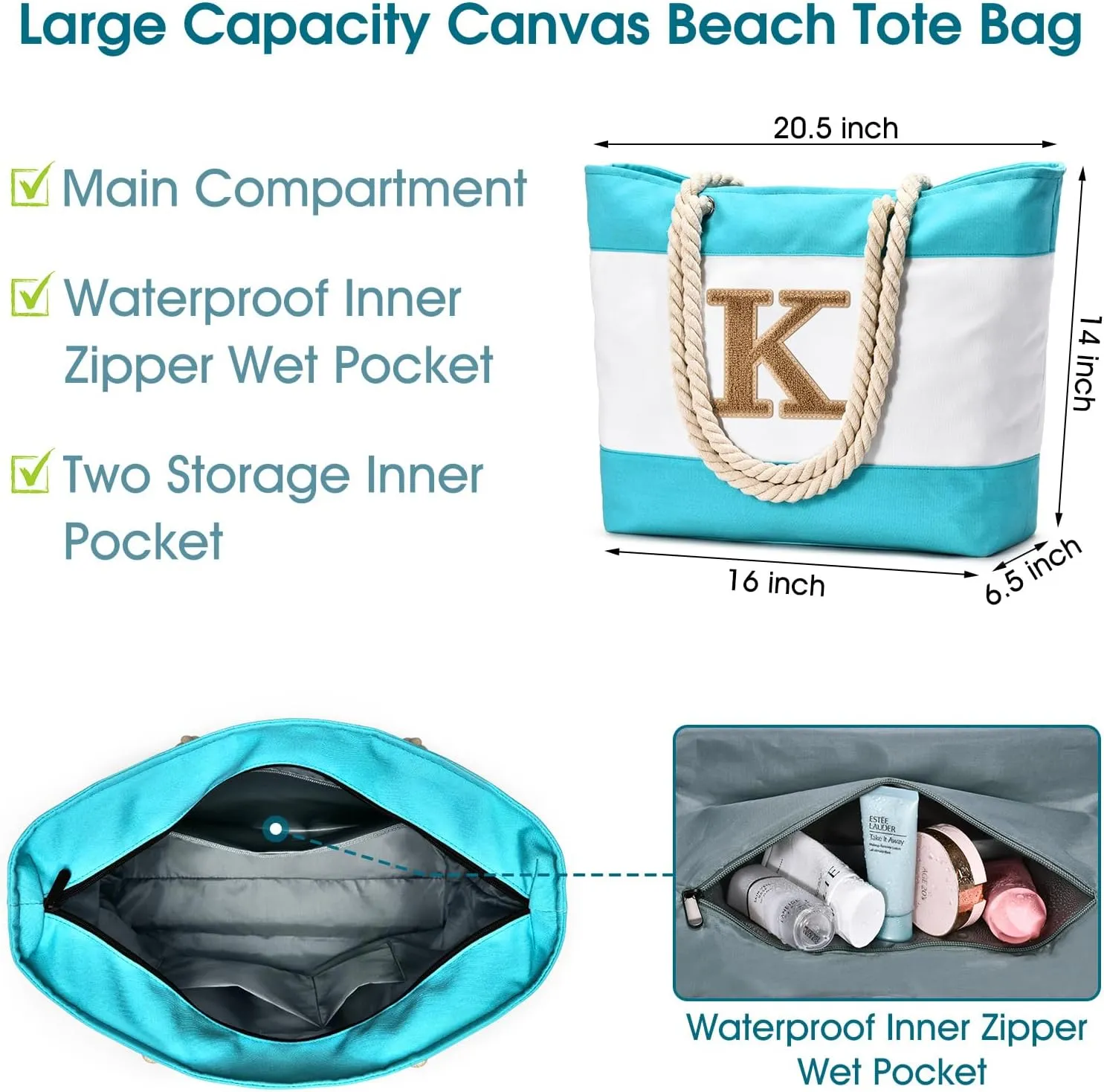 Becokan Initial Beach Bag Waterproof Canvas Beach Tote Bag Zipper Personalized Gifts for Women Her Birthday Travel Essentials