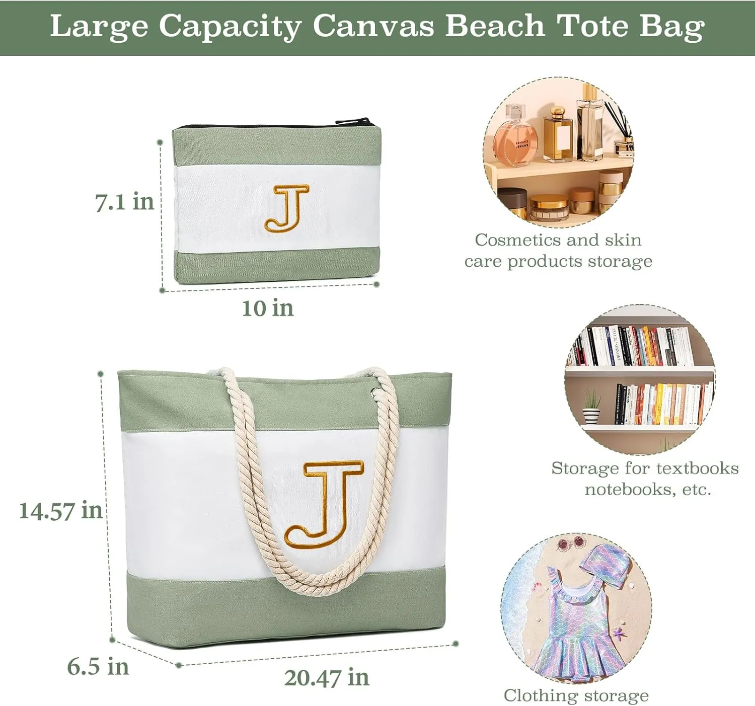 Becokan Initial Beach Bag Waterproof Canvas Beach Tote Bag Zipper Personalized Gifts for Women Her Birthday Travel Essentials