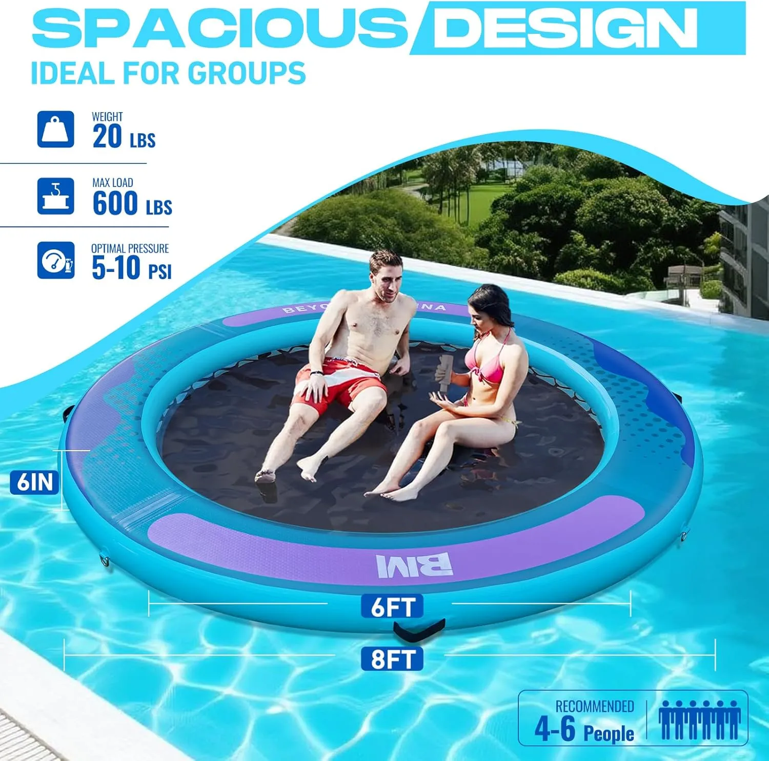 BEYOND MARINA Inflatable Water Hammock Floating Air Dock Sun Chill Float with Mesh Heavy Duty Round Ring Raft for River Pool Lake Ocean Portable Island Platform Pad 8'*6'*6"