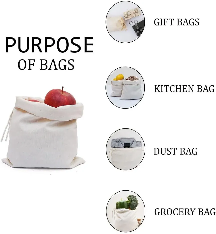 BigLotBags Premium Cotton Muslin Bags, 100% Organic Cotton with Single Drawstring. Premium Quality Reusable Eco-Friendly Natural Muslin Bags. (25, 2x3 Inches)