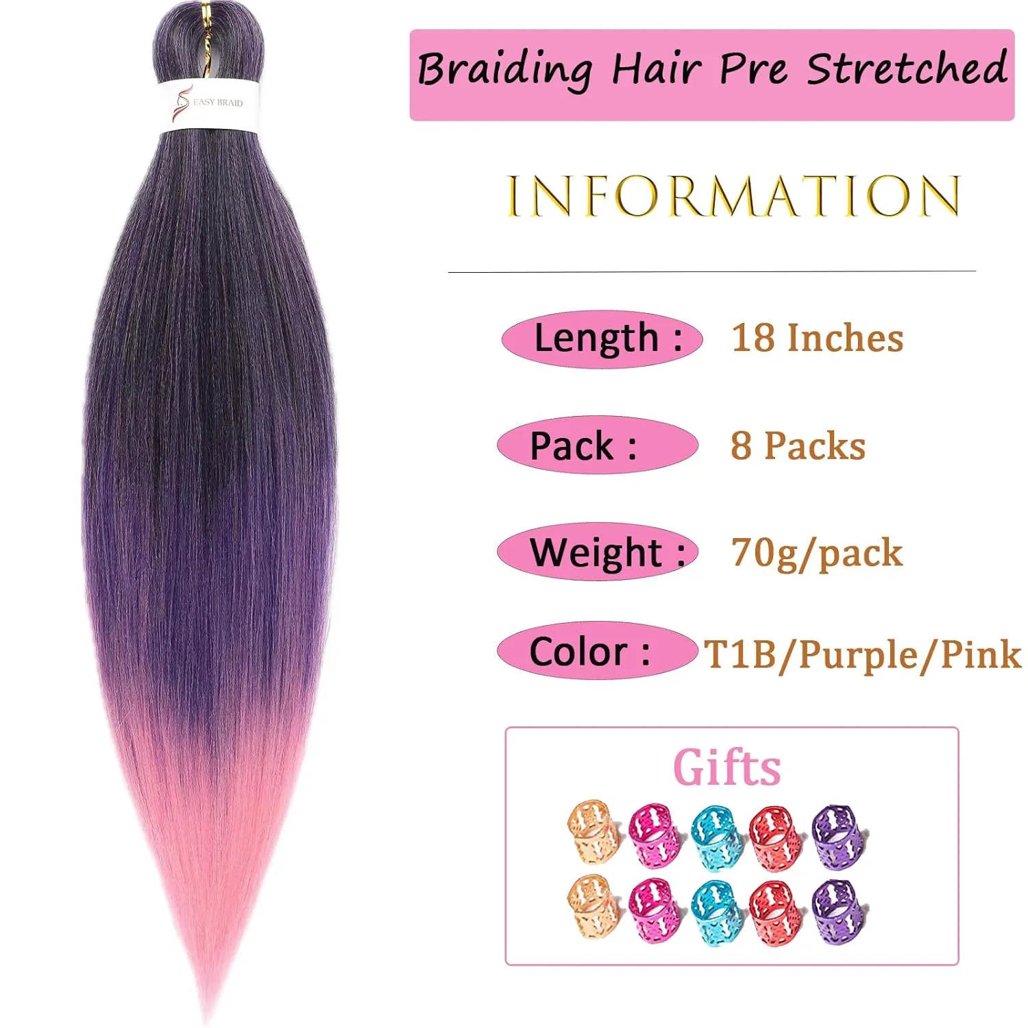 Black And Purple And Pink Braiding Hair Pre stretched 18 Inch 8 Packs Pre stretched Braiding Hair Yaki Texture Synthetic Hair Extension Itch Free Hot Water Setting(18", T1B/Purple/Pink02)