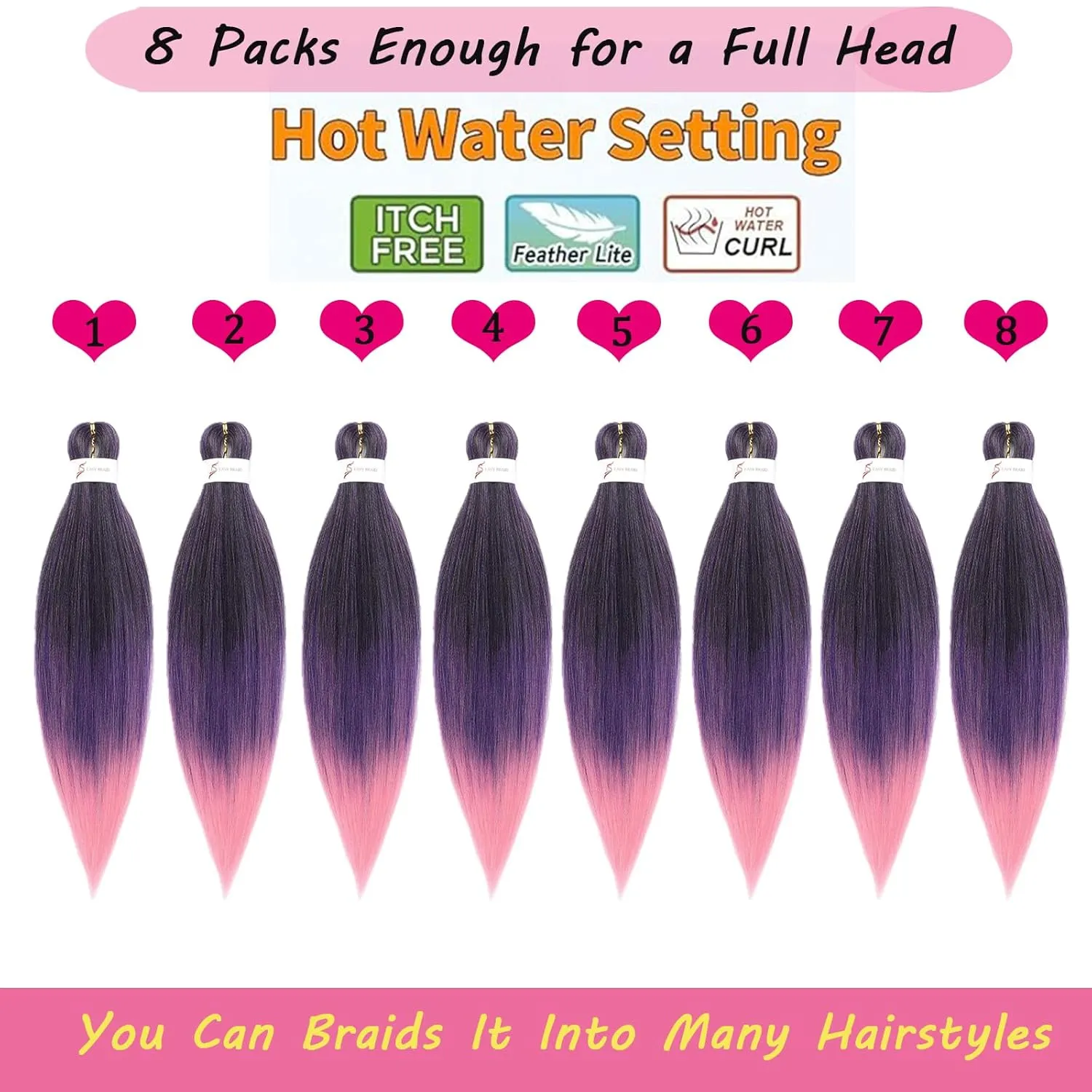Black And Purple And Pink Braiding Hair Pre stretched 18 Inch 8 Packs Pre stretched Braiding Hair Yaki Texture Synthetic Hair Extension Itch Free Hot Water Setting(18", T1B/Purple/Pink02)