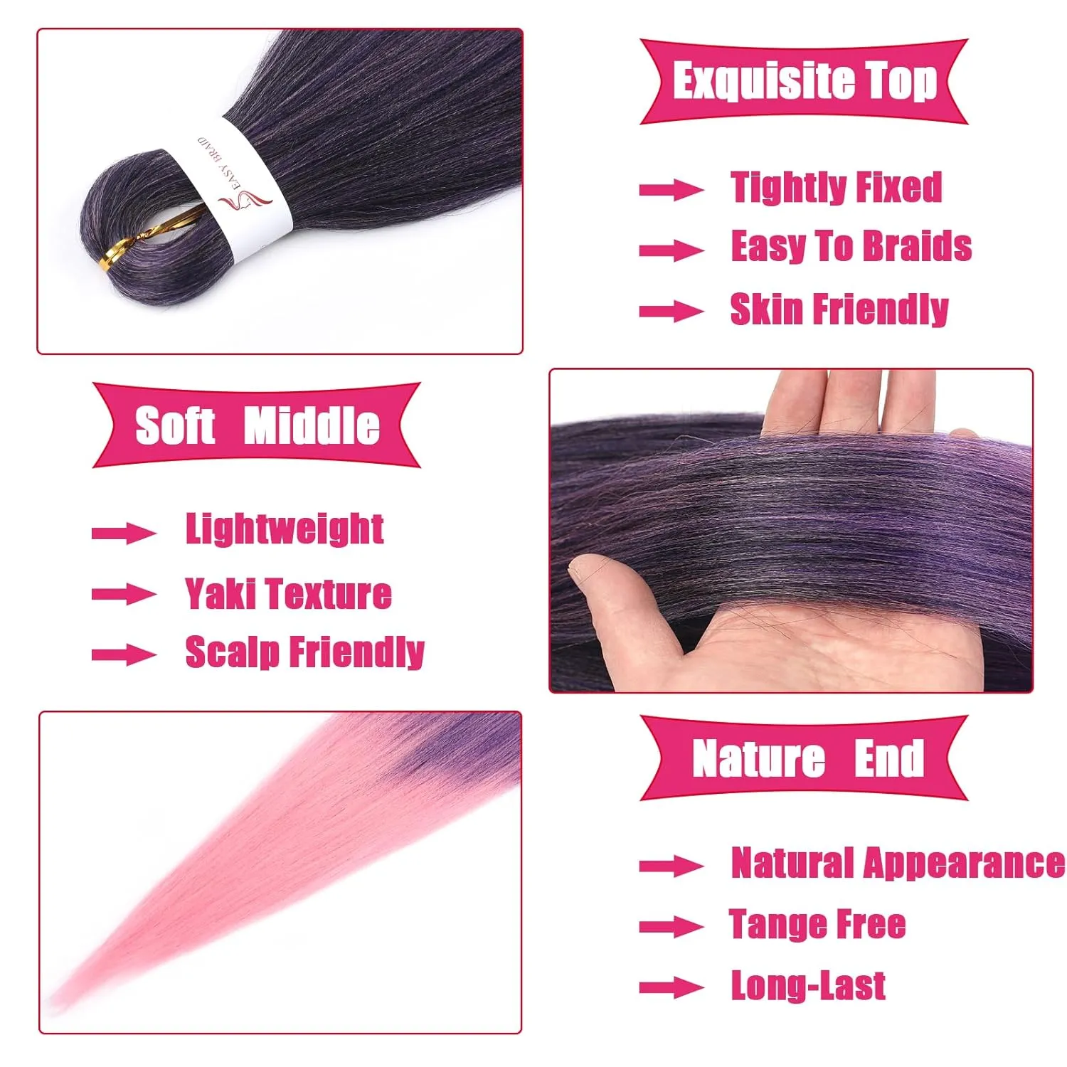 Black And Purple And Pink Braiding Hair Pre stretched 18 Inch 8 Packs Pre stretched Braiding Hair Yaki Texture Synthetic Hair Extension Itch Free Hot Water Setting(18", T1B/Purple/Pink02)