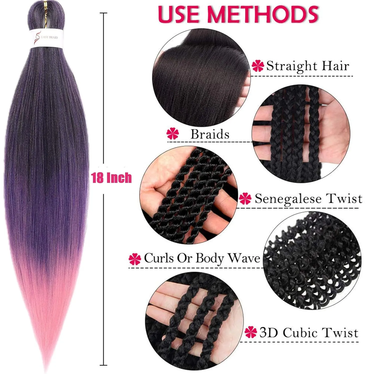 Black And Purple And Pink Braiding Hair Pre stretched 18 Inch 8 Packs Pre stretched Braiding Hair Yaki Texture Synthetic Hair Extension Itch Free Hot Water Setting(18", T1B/Purple/Pink02)