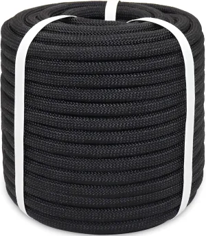 Black Braided Polyester Rope 3/8 in x 100 ft Heavy Duty Rope - Strong Outdoor Rope for Tree Work Swing Pulling Sailing Camping