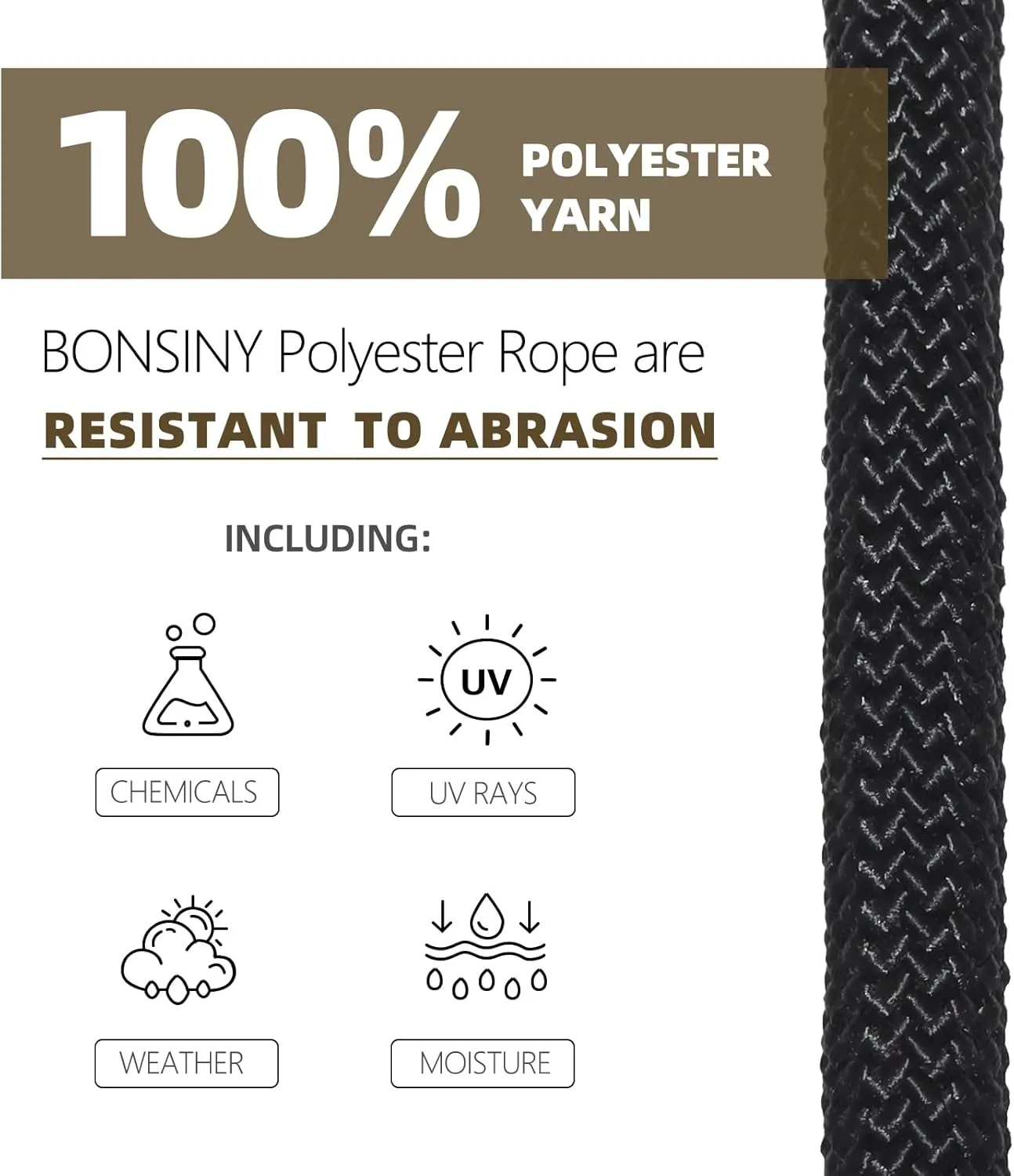 Black Braided Polyester Rope 3/8 in x 100 ft Heavy Duty Rope - Strong Outdoor Rope for Tree Work Swing Pulling Sailing Camping