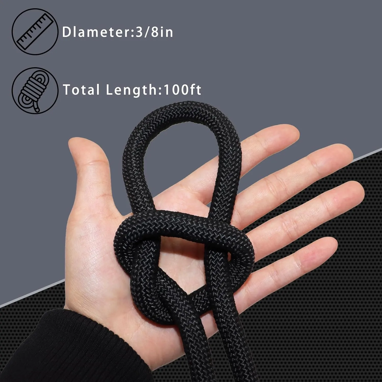 Black Braided Polyester Rope 3/8 in x 100 ft Heavy Duty Rope - Strong Outdoor Rope for Tree Work Swing Pulling Sailing Camping