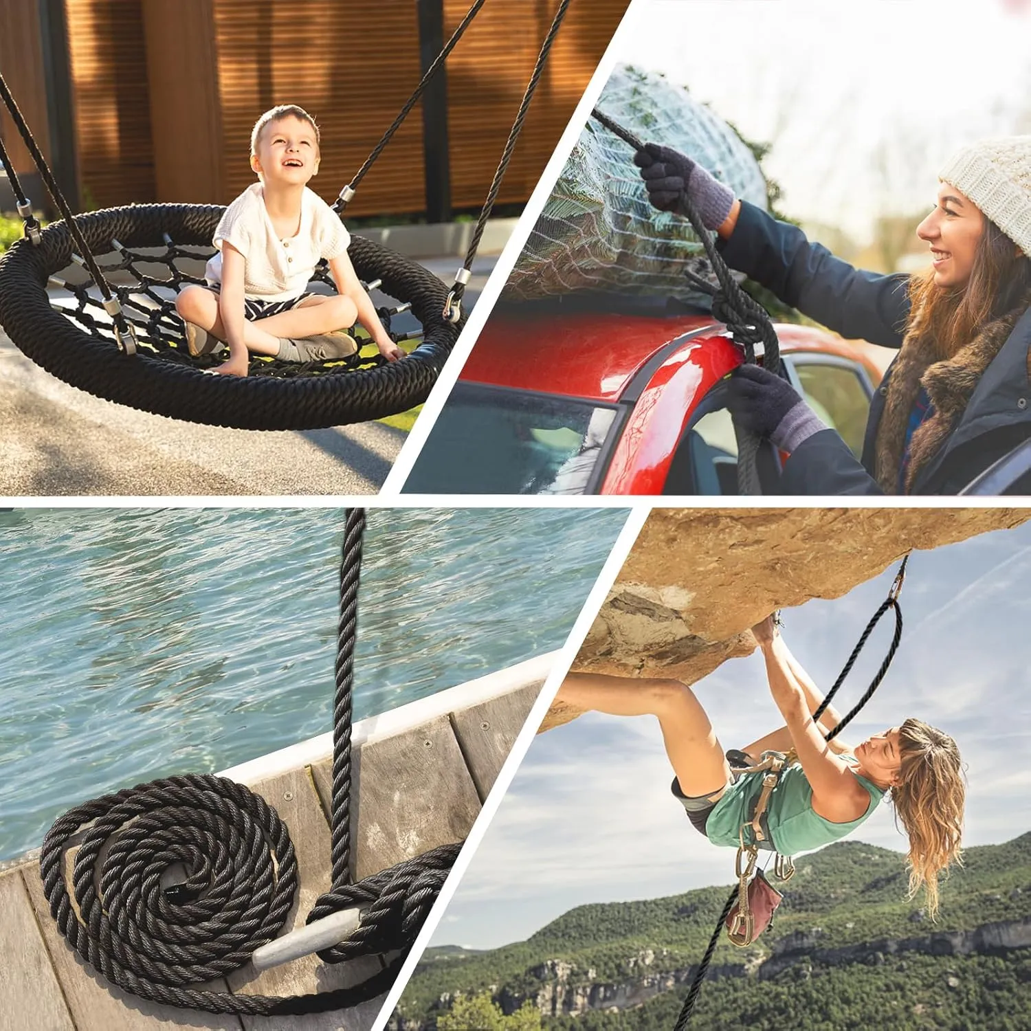 Black Twisted Polyester Rope 3/8" x 100' Utility Black Outdoor Rope - Heavy Duty Rope for Swing Camping Sailing Pulling