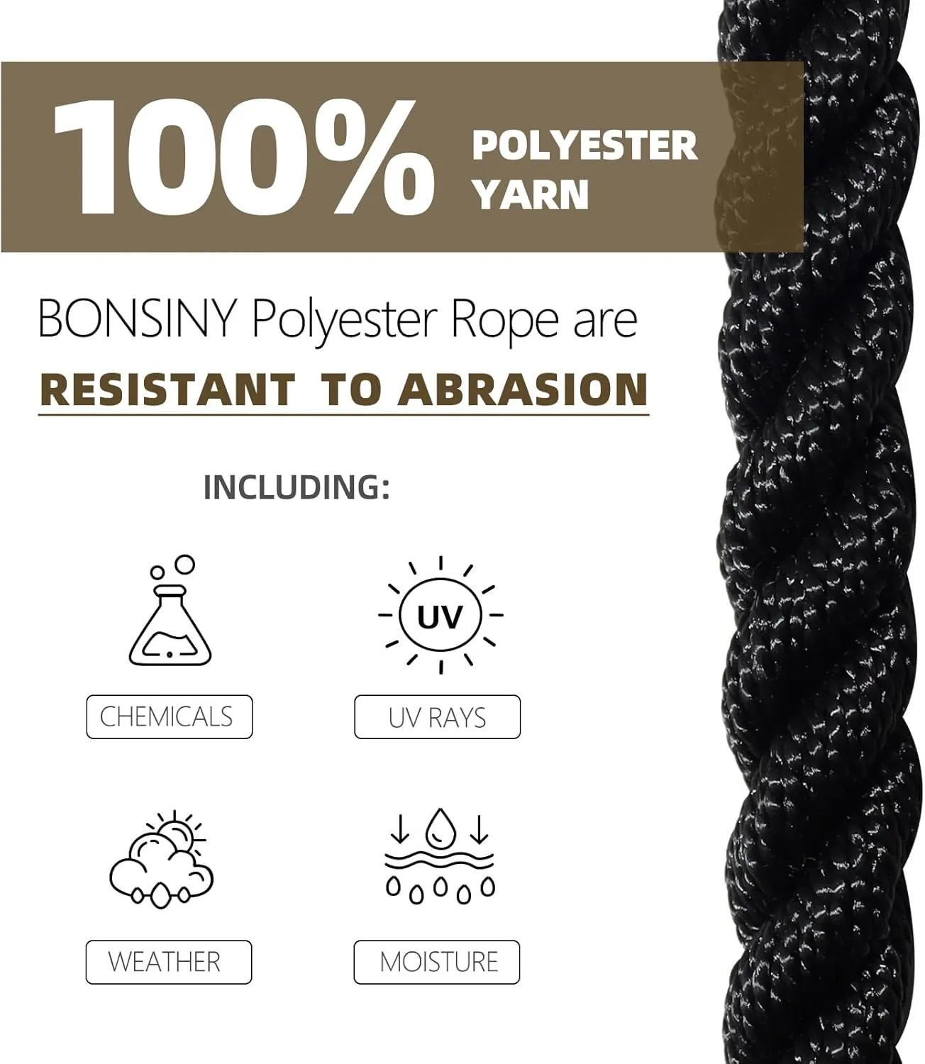 Black Twisted Polyester Rope 3/8" x 100' Utility Black Outdoor Rope - Heavy Duty Rope for Swing Camping Sailing Pulling