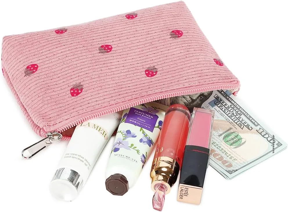 Bluboon 3Pcs Makeup Toiletry Bag for Women, Clear Packing Cubes Cosmetic Bag for Travel Women With Zipper Travel Essentials (Corduroy Strawberry Pink)